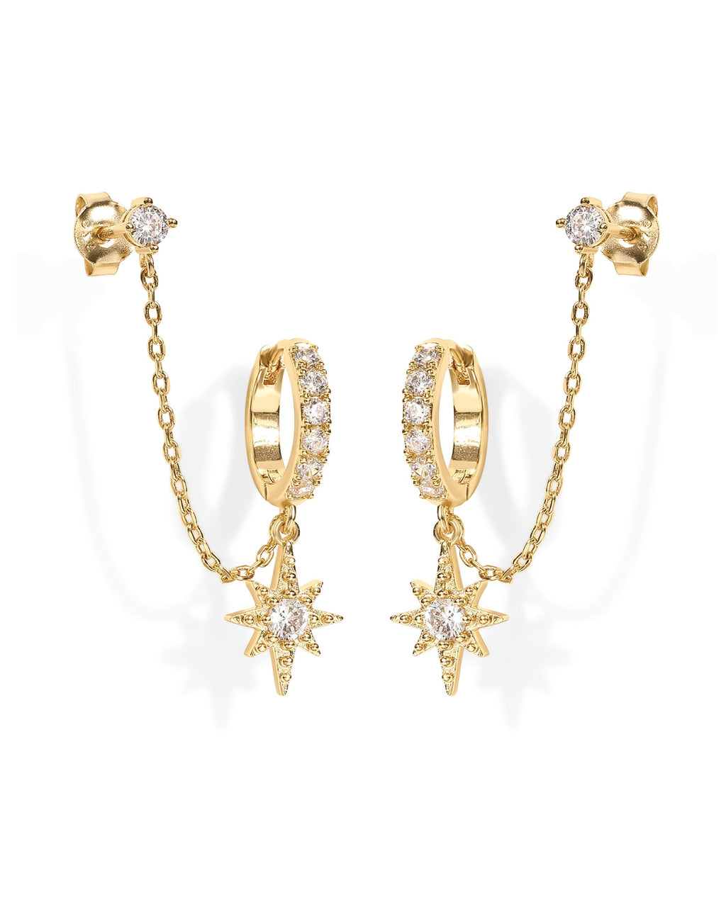 PAVOI 14K Gold Chain Earrings for Women | Double Piercing Dangle Chain Huggie Hoop Earrings | Cubic Zirconia Pearl Stud Ear Cuff Earrings for Women