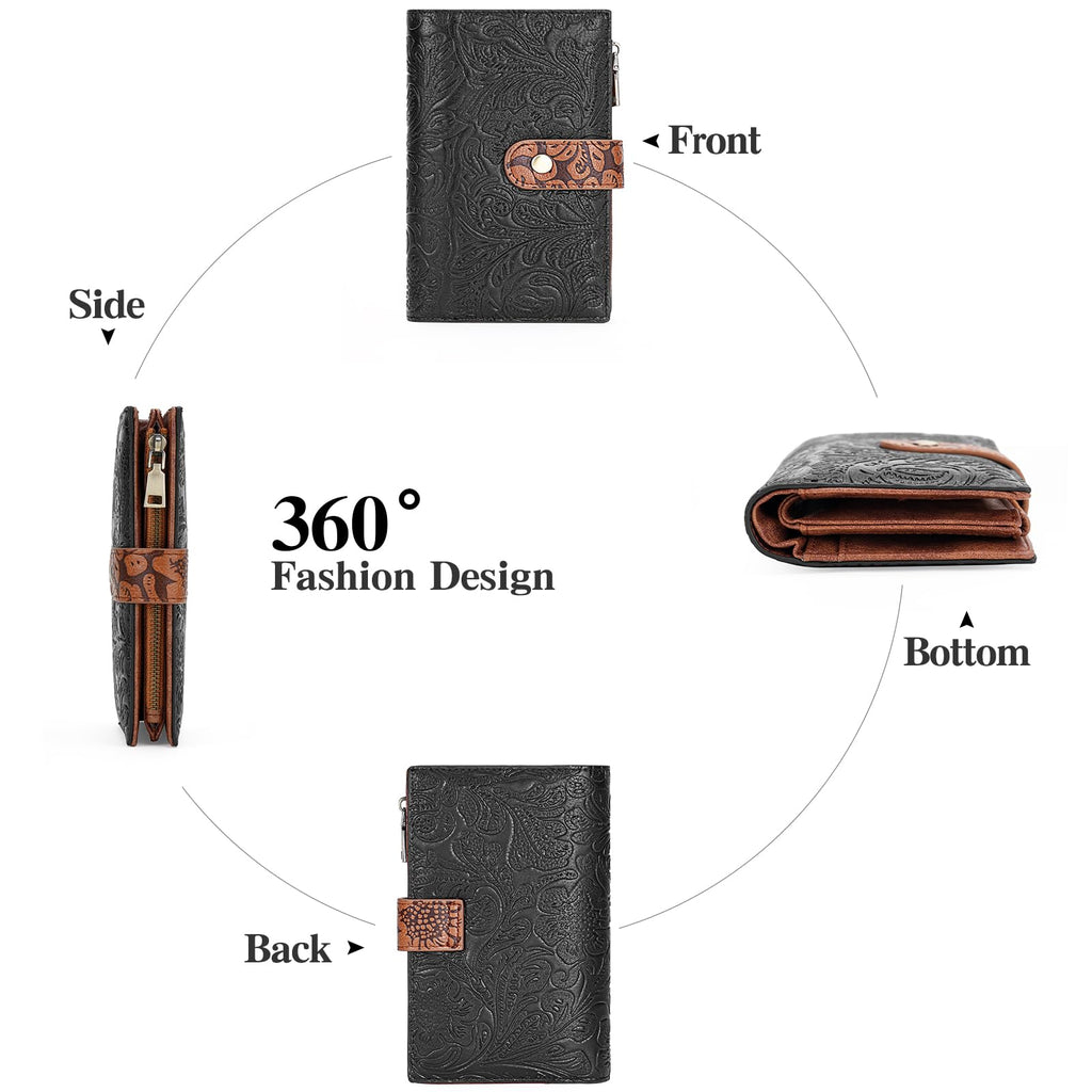 GOIACII Women's Wallet RFID Blocking Trifold Ladies Travel Wallet Purse with Coin Zipper Pocket Black & Brown