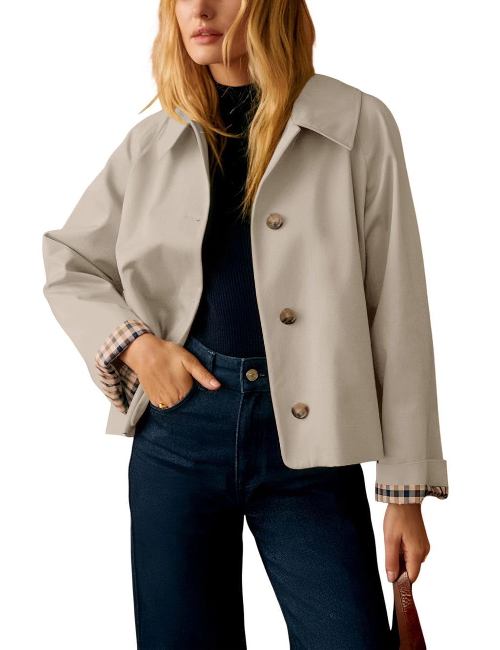 Dqbeng Womens Short Trench Jacket Plaid Lining Button Front Lightweight Classic Casual Outerwear with Pockets (Beige-XS)
