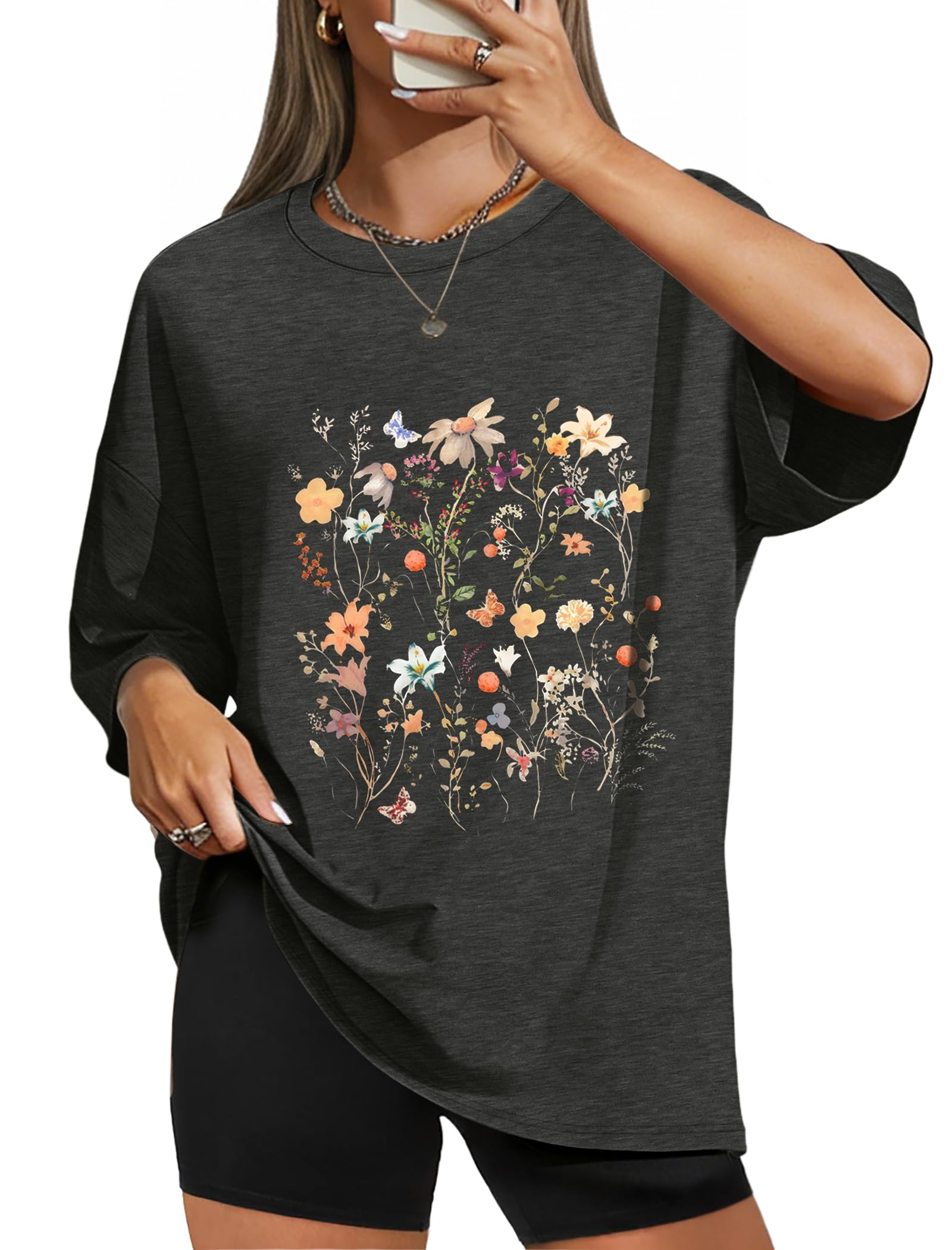 WIHOLL Oversized Tshirts for Women Graphic Tees Resort Wear Capsule Wardrobe 2026 Summer Spring Workout Short Sleeve Tops Travel Vacation Nashville Cruise Outfits Comfy Flower Print Shirts L