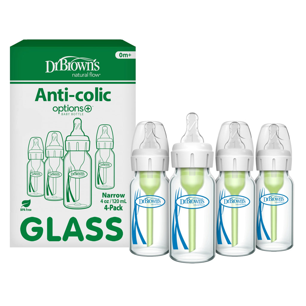 Dr. Brown's Anti-Colic Options+ Narrow Glass Baby Bottle with Level 1 Slow Flow Nipple, BPA-Free, 4 oz/120mL, 4-Pack