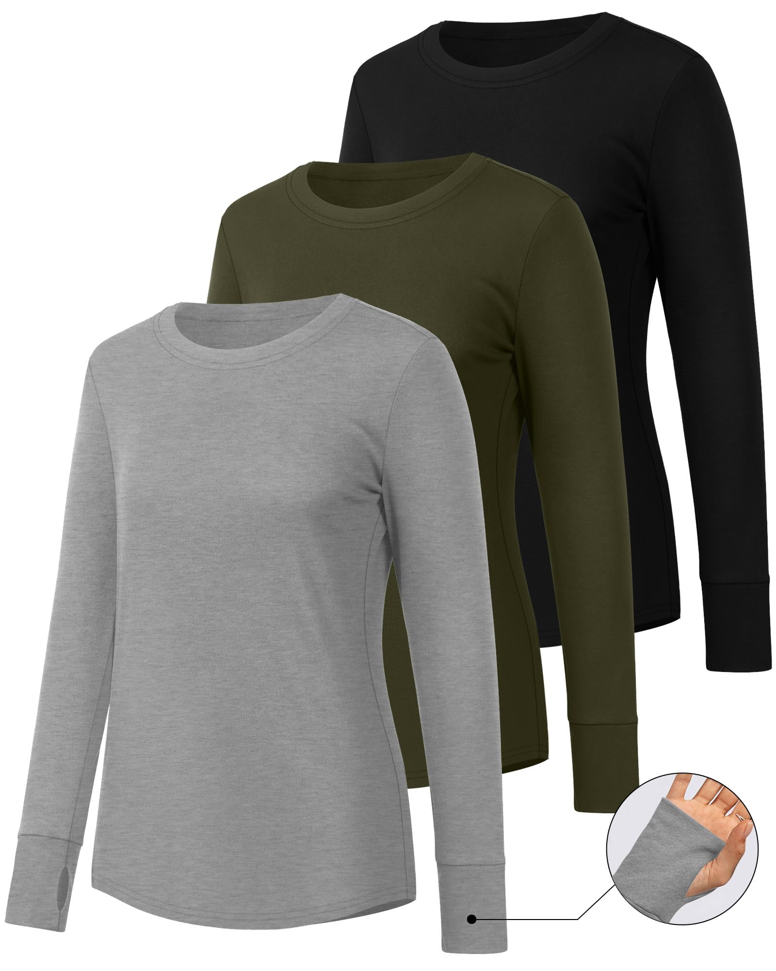 Huukeay 3 Pack Womens Long Sleeve Cotton Shirts, 3-Color, Medium