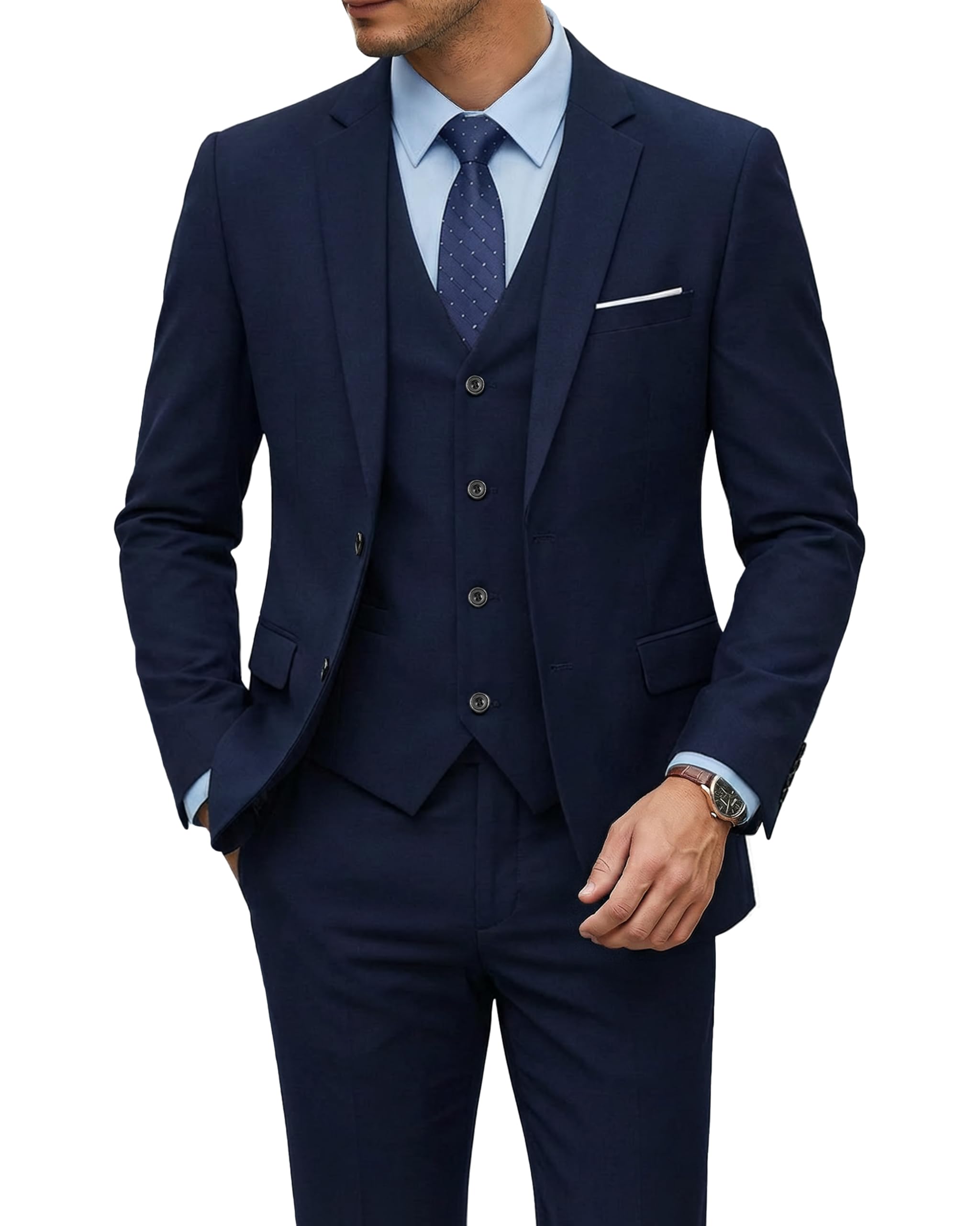 YND Men's Slim Fit 2 Button 3 Piece Suit Set, Blazer Jacket Vest Pants and Tie, Solid Wedding Dress Tux and Trousers Deep Blue
