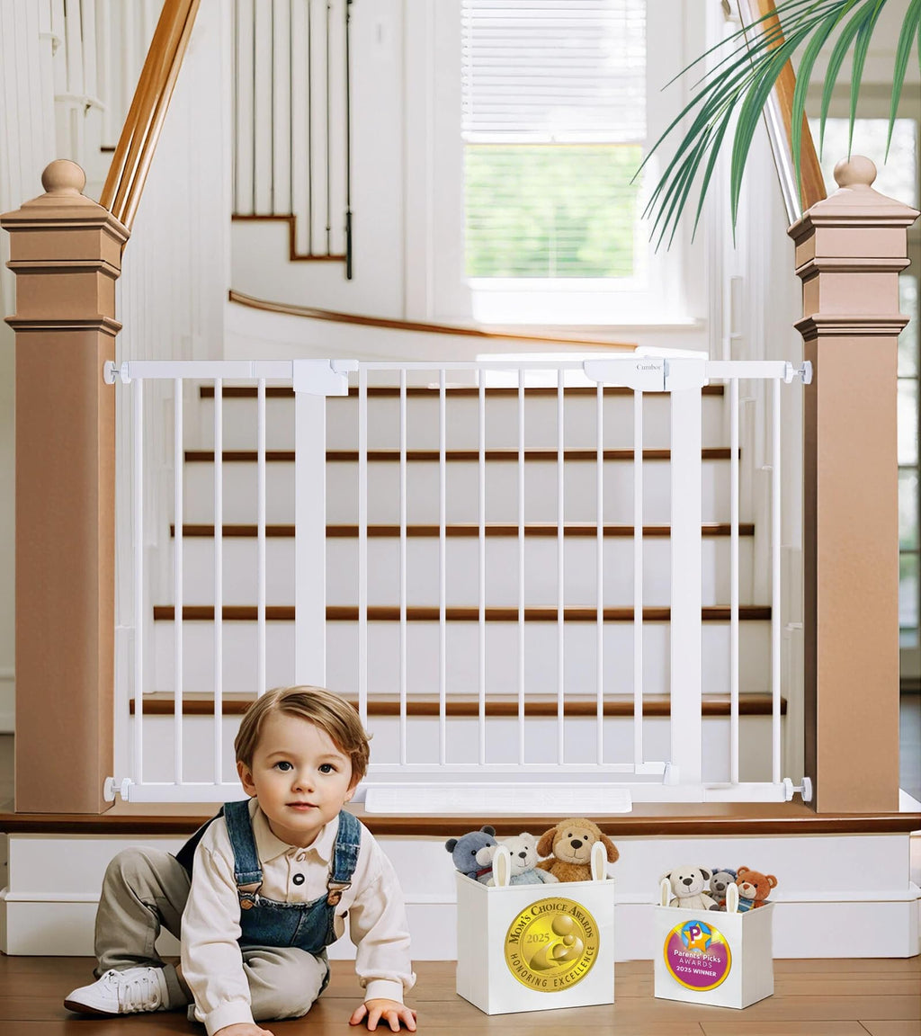 Cumbor 29.7-48" Baby Gate for Stairs, Mom's Choice Awards Winner-Dog Gates for Doorways, Auto Close Safety Pet Gate for Dogs Indoor, Easy Install Pressure Mounted Child Gate with Walk Thru Door, White