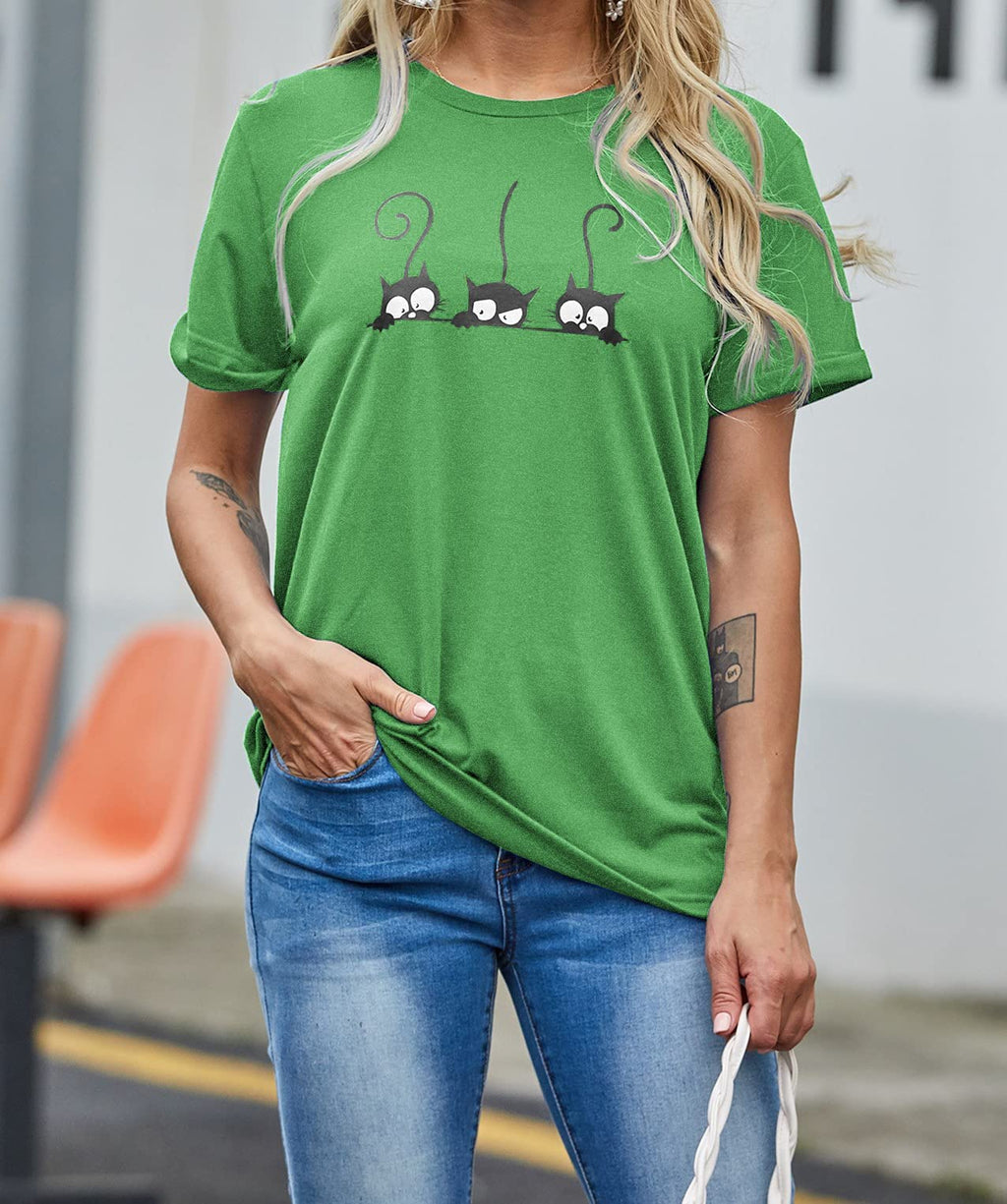 NIUBIA Women's Three Cats Printed Shirts New Novelty T-Shirts Cute Teen Girls Casual Tops