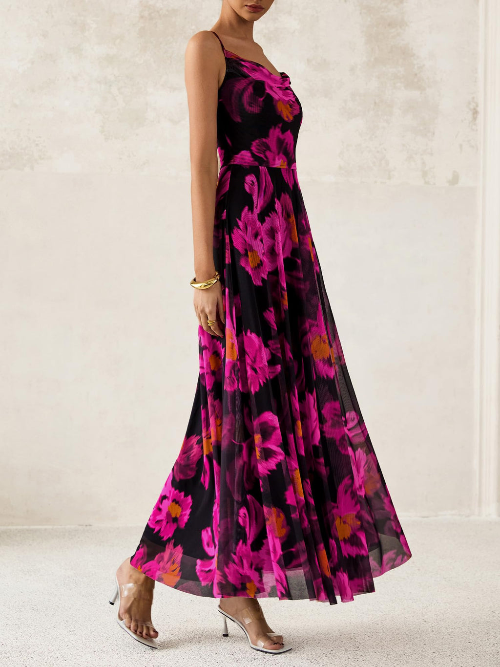 BTFBM Women Summer Floral Maxi Dresses Elegant Spaghetti Strap Dress Printed Party Dress Beach Long Dresses(Floral Black Rose Red,Large)