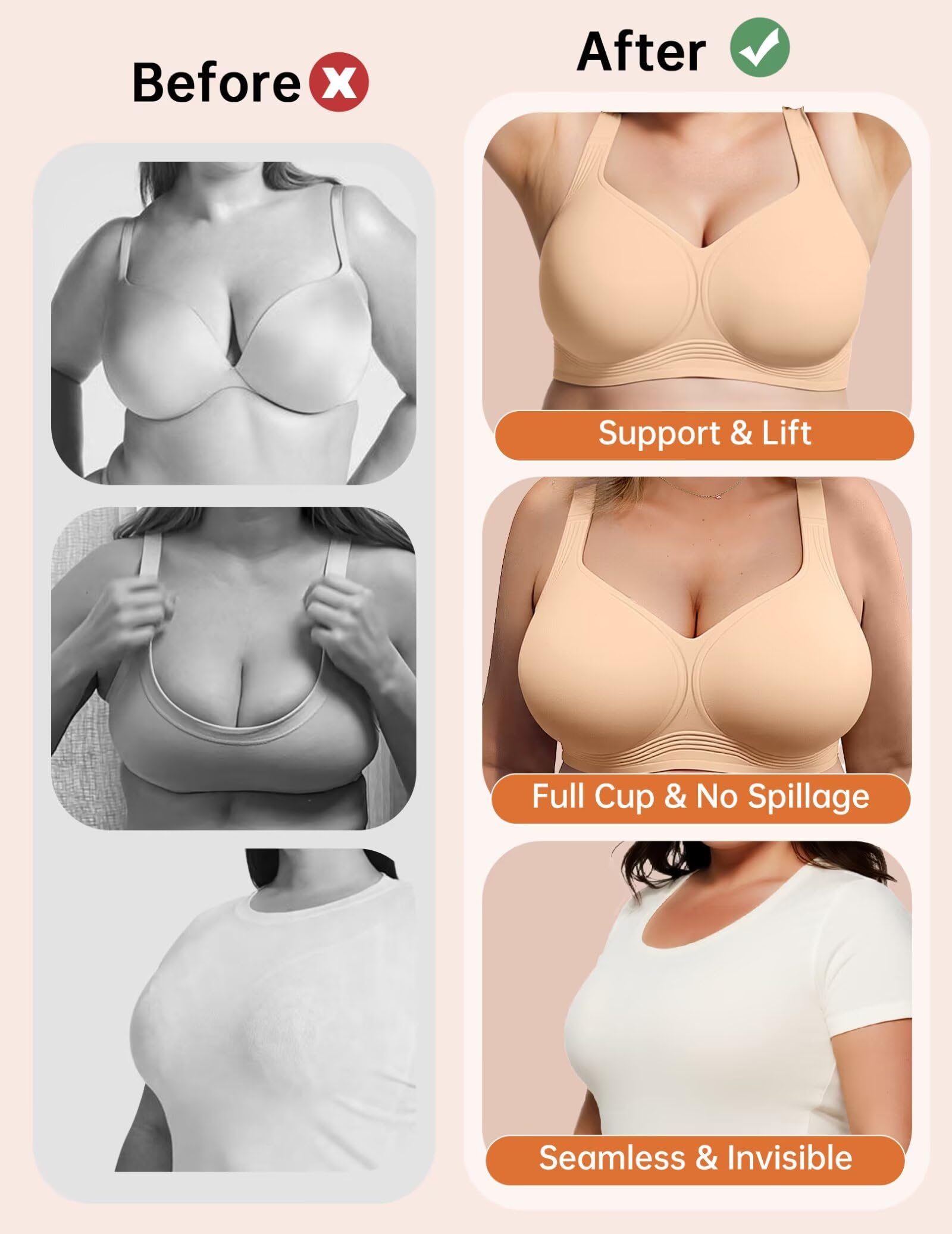 Vertvie Jelly Bras for Women Plus Size Minimizer Soft Wireless Push Up Bra Full Supportive Older Lift Back Coverage Bralette(Skin,40DD)