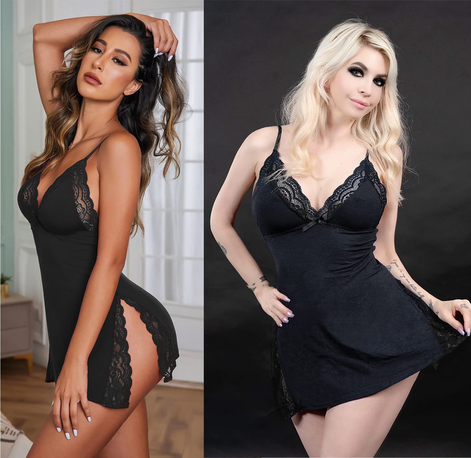 Avidlove Women's Sleepwear Sexy Chemise Nightgown Modal Sleepwear Full Slips Lace Babydoll Black M