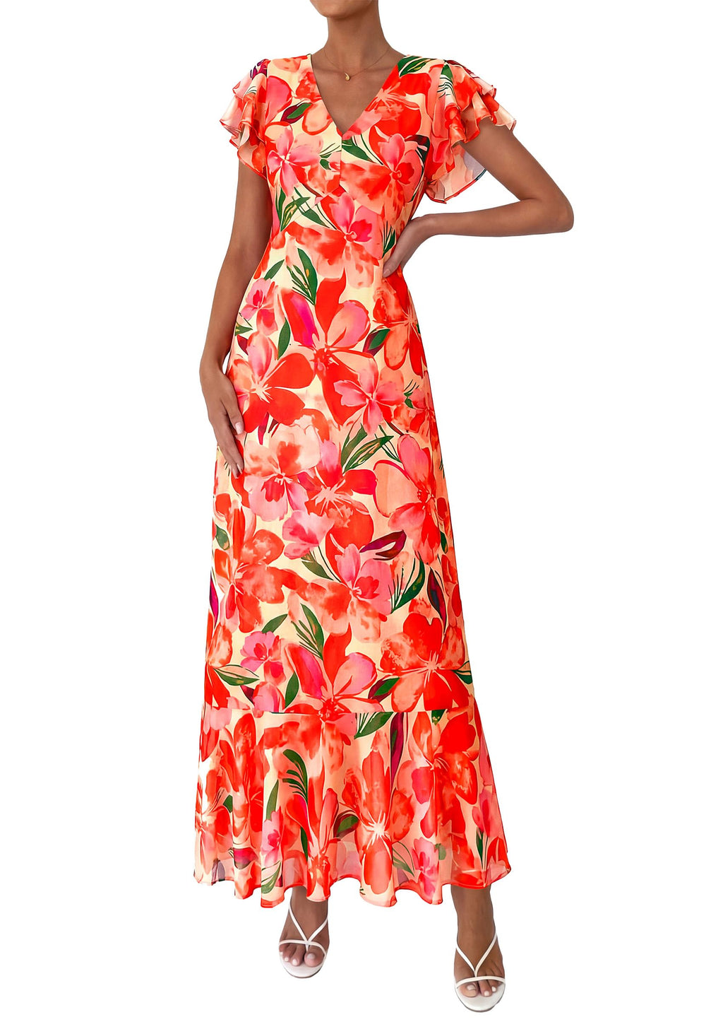 PRETTYGARDEN Spring Dresses for Women 2026 Summer Boho Floral Ruffle Short Sleeve Flowy Beach Wedding Guest Maxi Long Dress(Print Orange,X-Large)