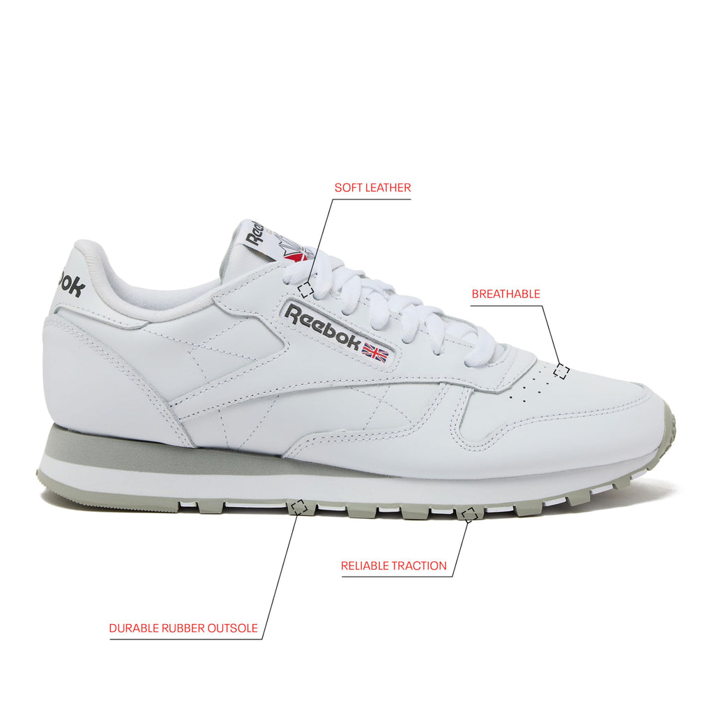 Reebok Classic Leather Sneakers for Men - Black or White Tennis Mens Shoes, Footwear White/Pure Grey3/Pure Grey, 11