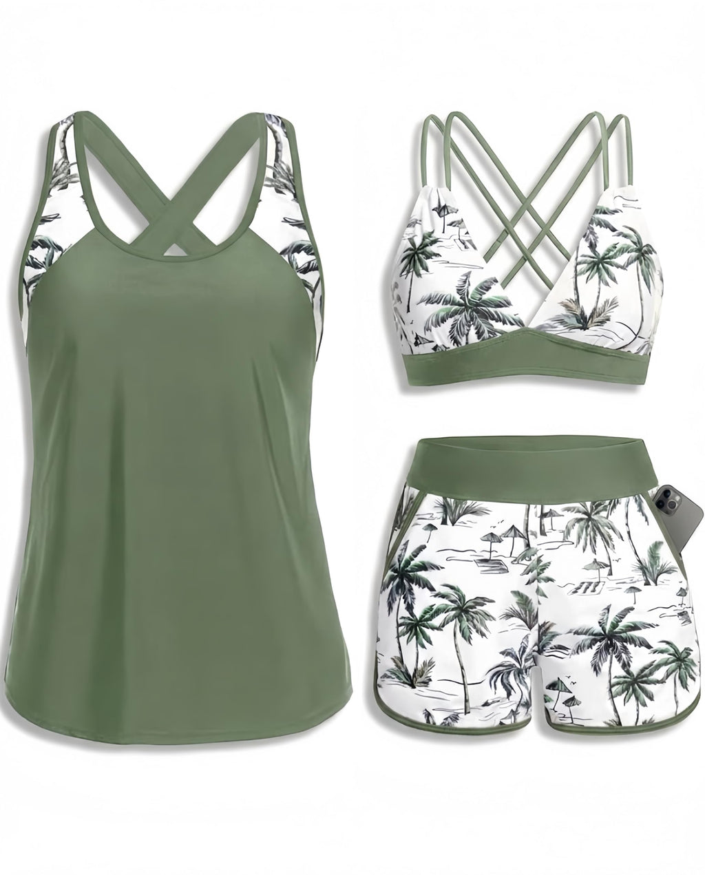 Daci Green Palm Tree Women 3 Piece Tankini Swimsuits - Tummy Control Tank Top with Bra Modest Bathing Suit with Pockets Boyshorts Bottom 2026 L