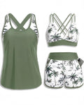 Daci Green Palm Tree Women 3 Piece Tankini Swimsuits - Tummy Control Tank Top with Bra Modest Bathing Suit with Pockets Boyshorts Bottom 2026 L