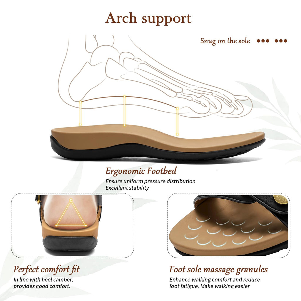 Littleplum Women's Orthopedic Sandals With Arch Support Comfortable Walking Orthotic Casual Flat Sandals For Women Dressy Black Size 8