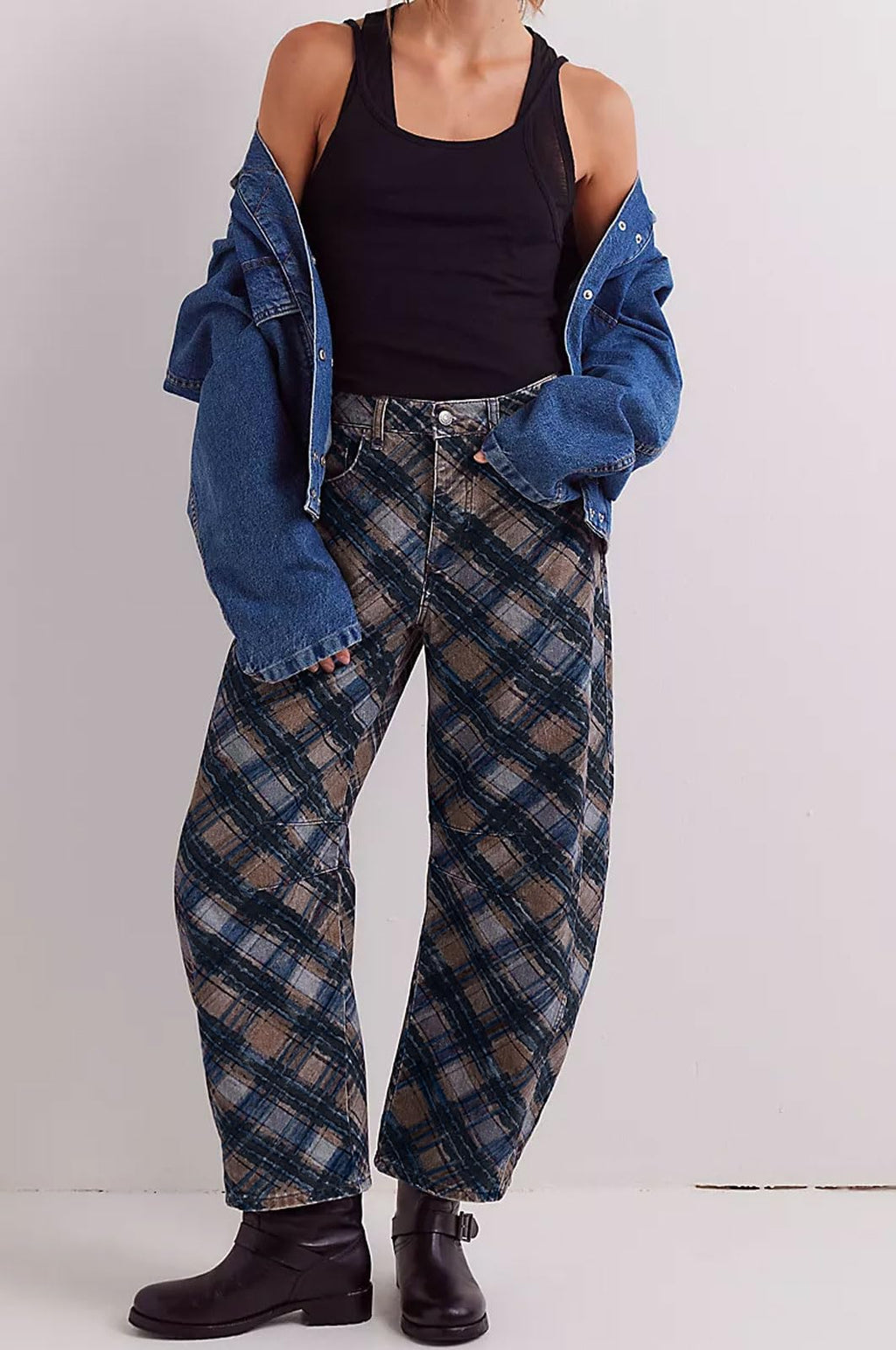 loveimgs Women Boyfriend Baggy Barrel Jeans Floral Print Denim Ankle Pants Wide Leg Mid Rise Jeans Sweatpants Y2k Patchwork (Small,Plaid)