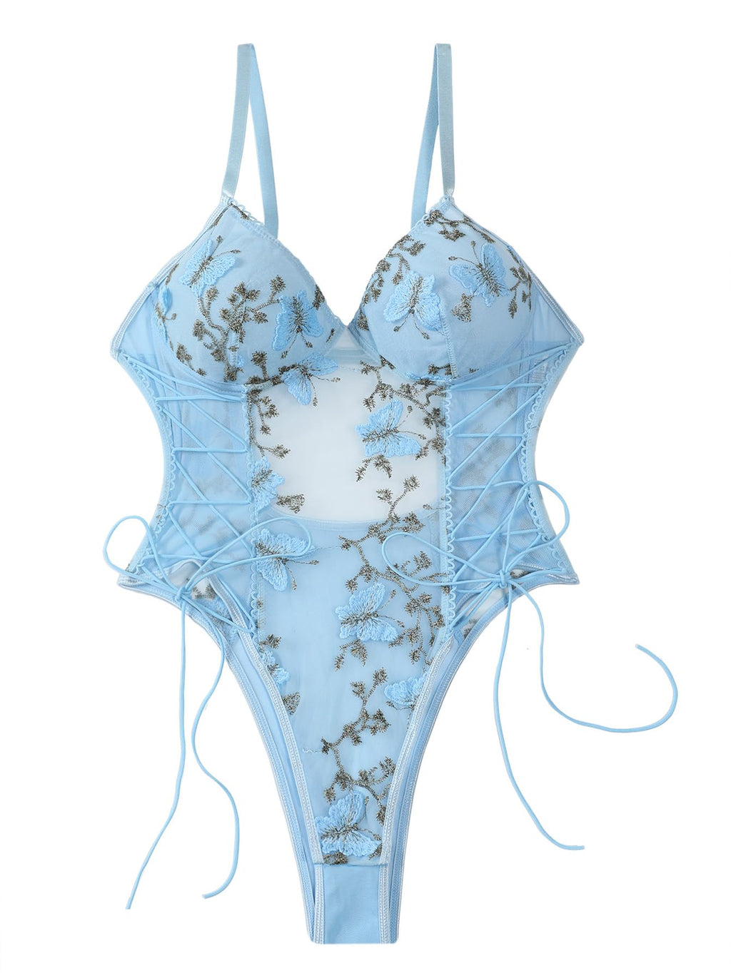 Lilosy Women Sexy Lace Up Floral Embroidered Teddy Babydoll Lingerie Bodysuit Top Mesh Sheer One Piece See Through Butterfly Light Blue Medium