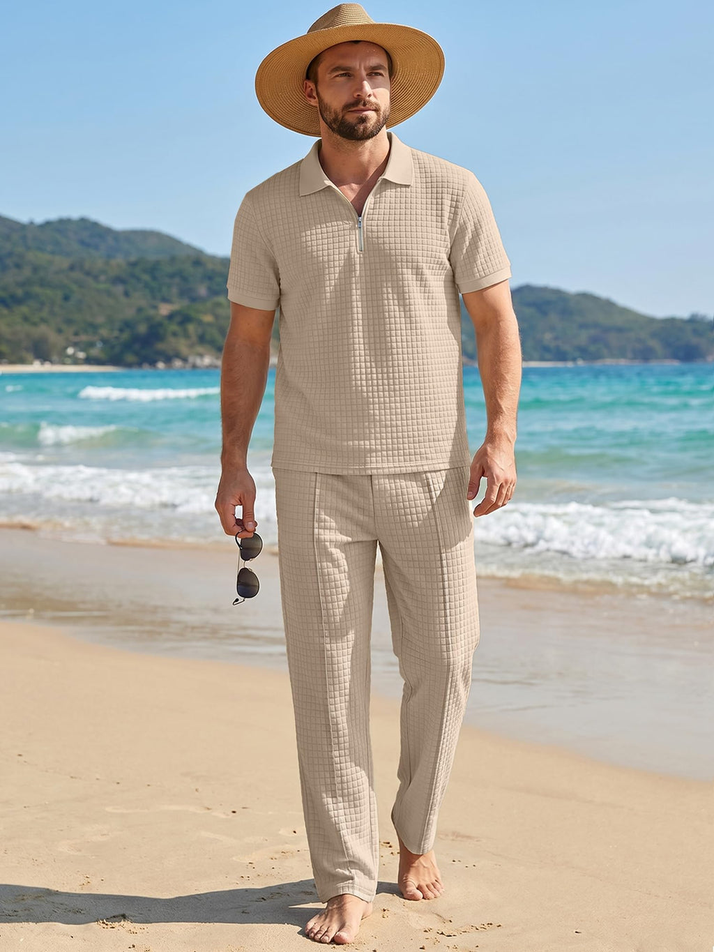 JMIERR Mens Summer Outfits Short Sets 2 Piece Outfits Waffle Textured Quater Zip Polo Shirts Casual Loose Beach Pant Vacation Old Money Cothes, S, Khaki