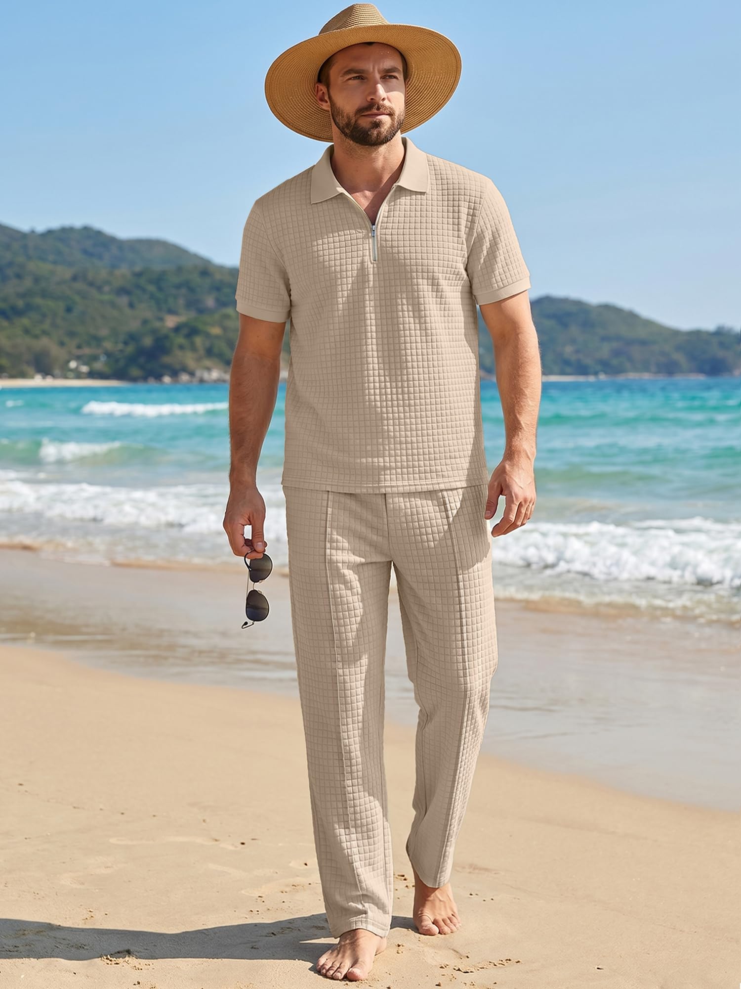 JMIERR Mens Summer Outfits Short Sets 2 Piece Outfits Waffle Textured Quater Zip Polo Shirts Casual Loose Beach Pant Vacation Old Money Cothes, S, Khaki