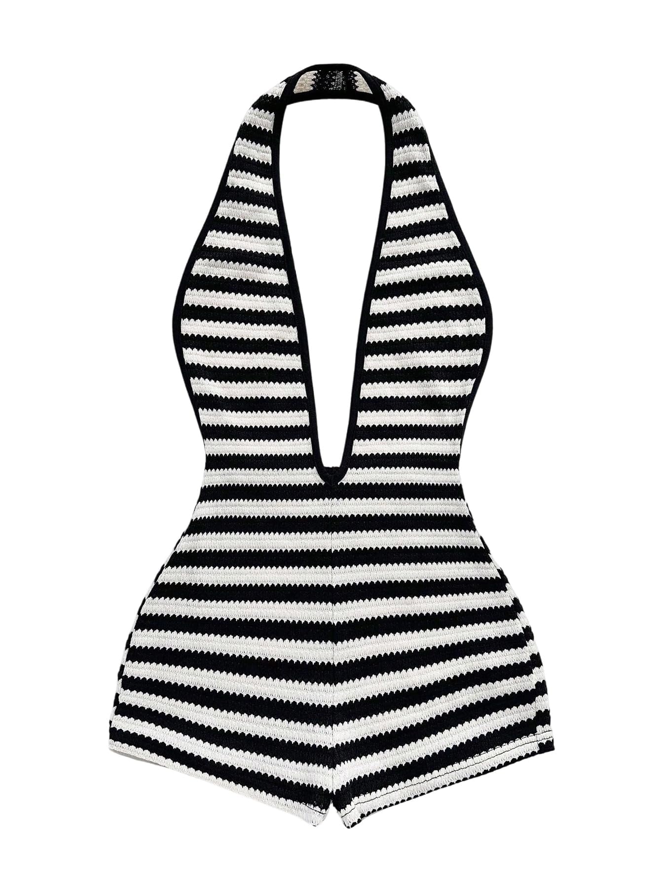 WDIRARA Women's Striped Textured Backless Halter Jumpsuits Deep V Neck Sleeveless One Piece Romper Black and White Small