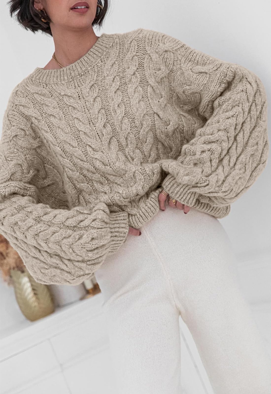 PRETTYGARDEN Womens Sweaters Fall 2026 Cable Knit Long Sleeve Crewneck Oversized Sweater Chunky Pullover Loose Outfits (Khaki, Small)