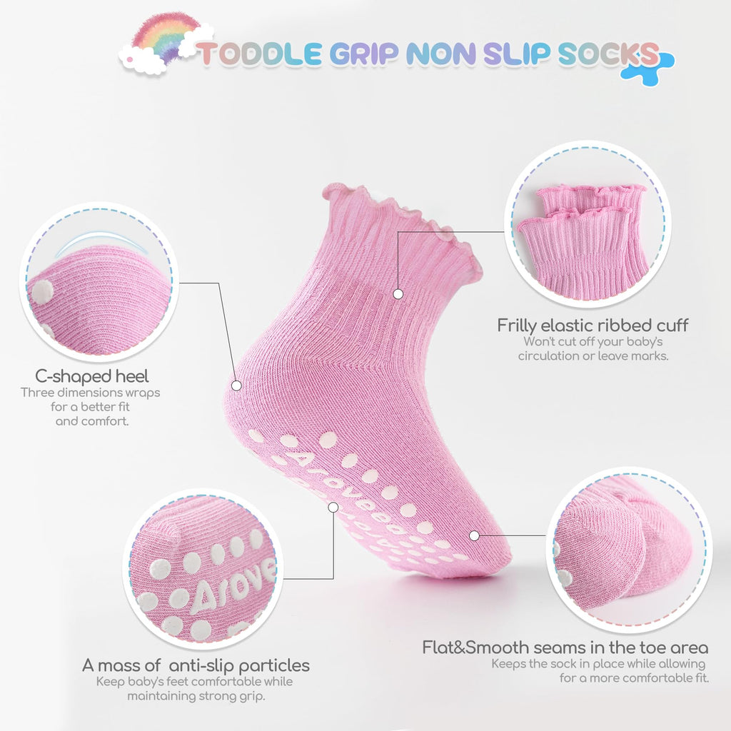 Aroveea Baby Toddler Girls Socks Grip Ruffle Non Slip Girls Cotton 12 Pack Socks for 1-3T Kids Cute Ankle 6M-7Years