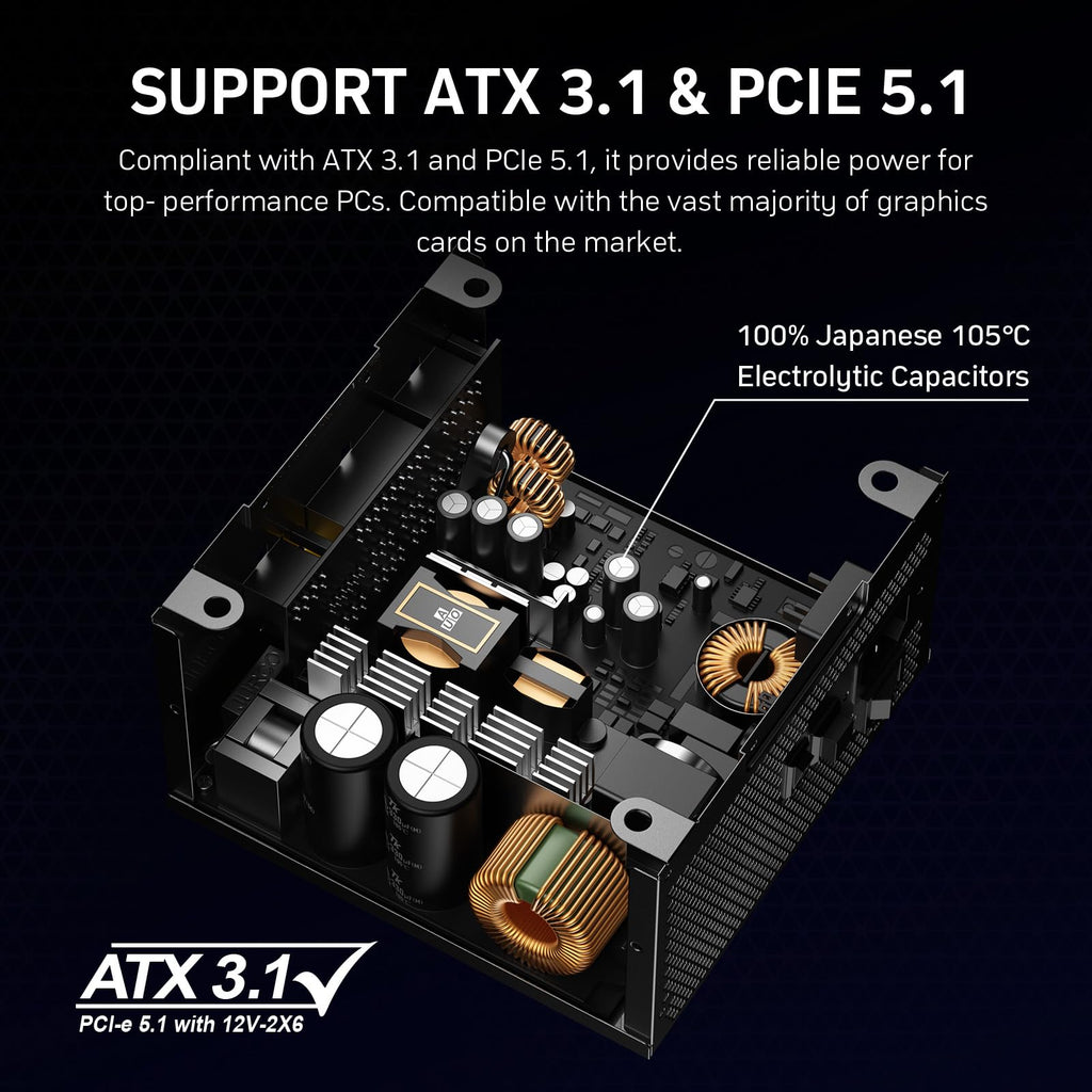 Auotac 1000W Fully Modular Power Supply 80+ Gold Certified with 12V-2x6 Cable – ATX 3.1 & PCIe 5.1 Compliant, 140mm RGB Low-Noise Smart Fan, 105℃-Rated Capacitors, Black