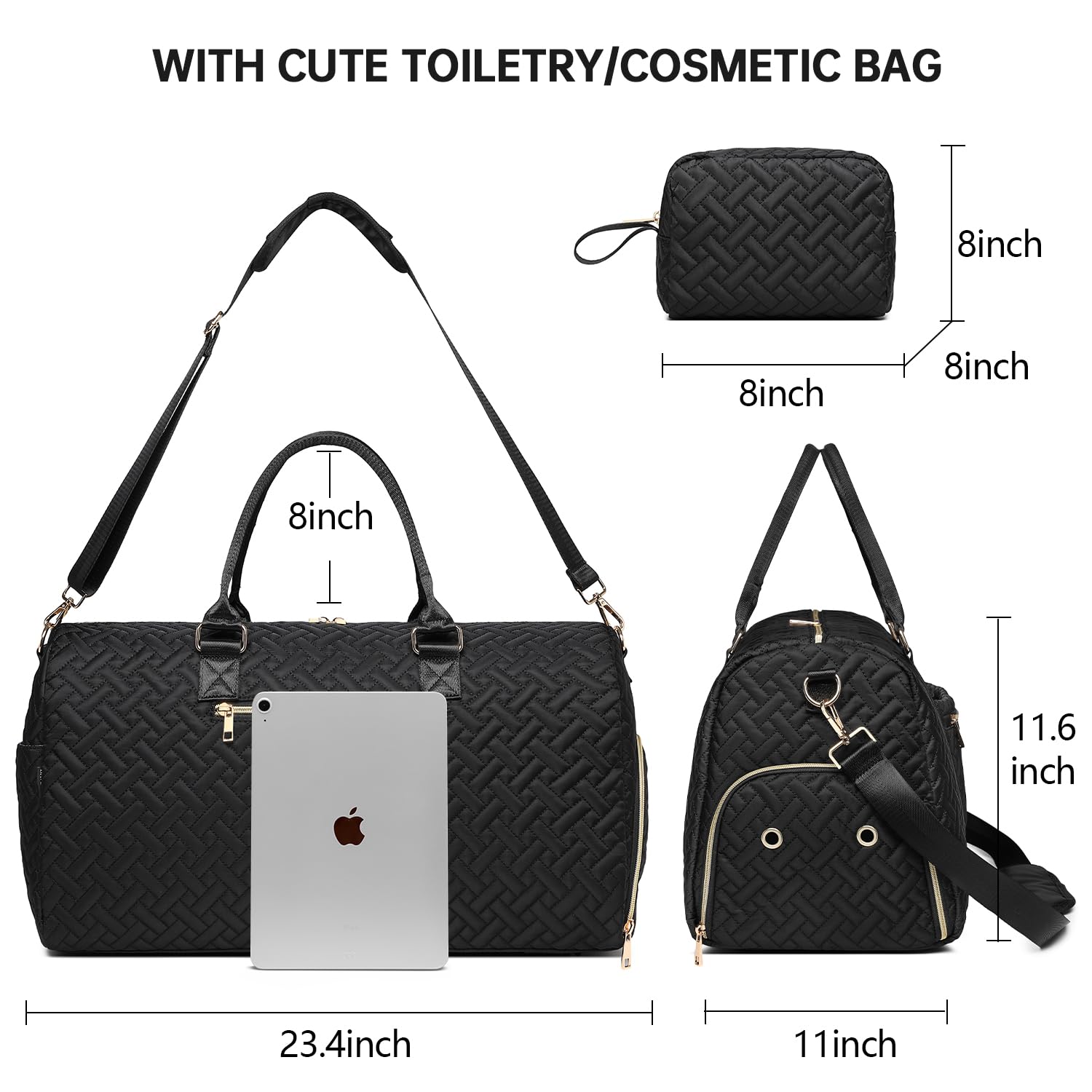Duffle Bag for Travel, Weekender Bag with Shoe Compartment, Carry On Overnight Bag for Women with Toiletry Bag, 50L Gym Bag with Wet Pocket, Hospital Bags for Labor and Delivery Black Gold