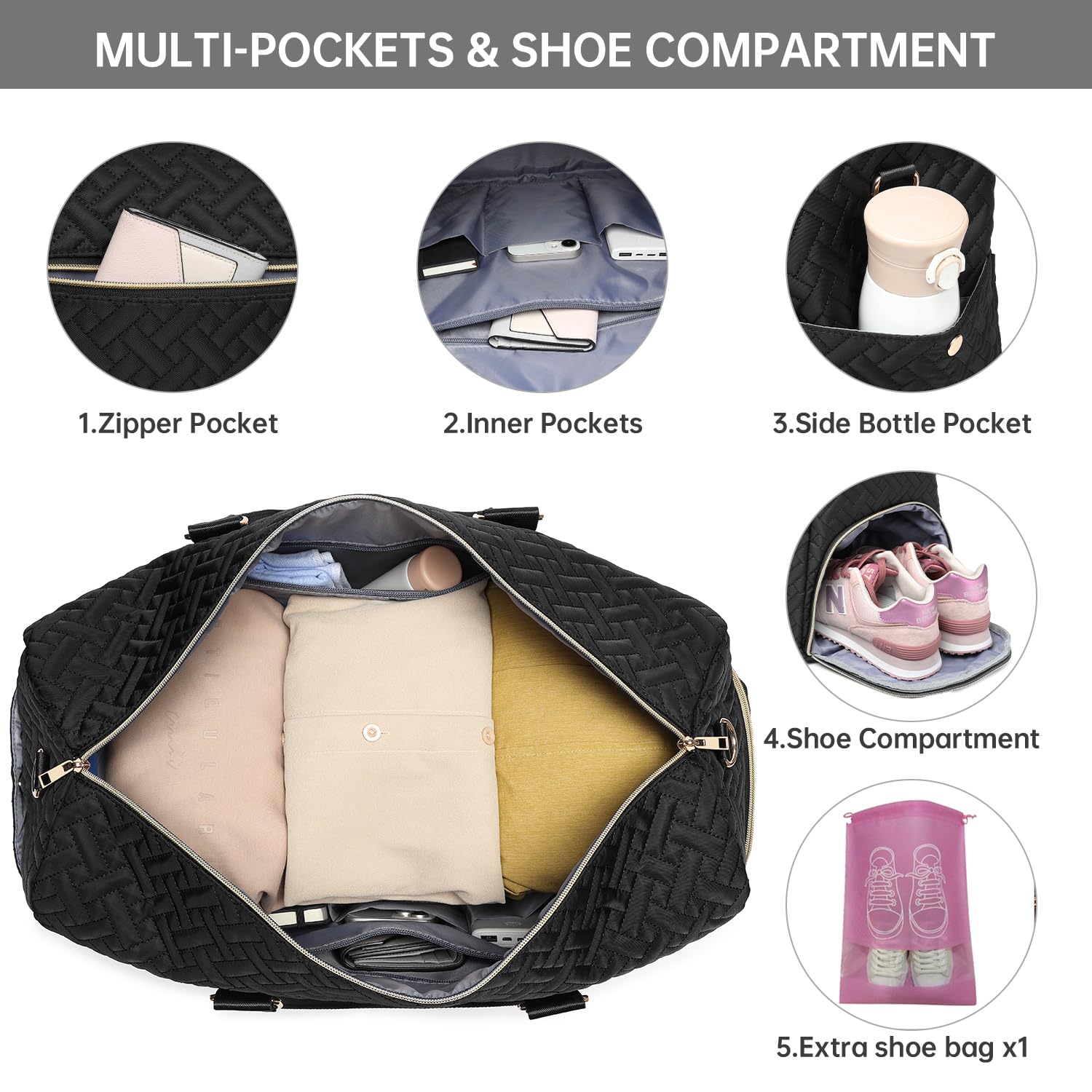 Duffle Bag for Travel, Weekender Bag with Shoe Compartment, Carry On Overnight Bag for Women with Toiletry Bag, 50L Gym Bag with Wet Pocket, Hospital Bags for Labor and Delivery Black Gold