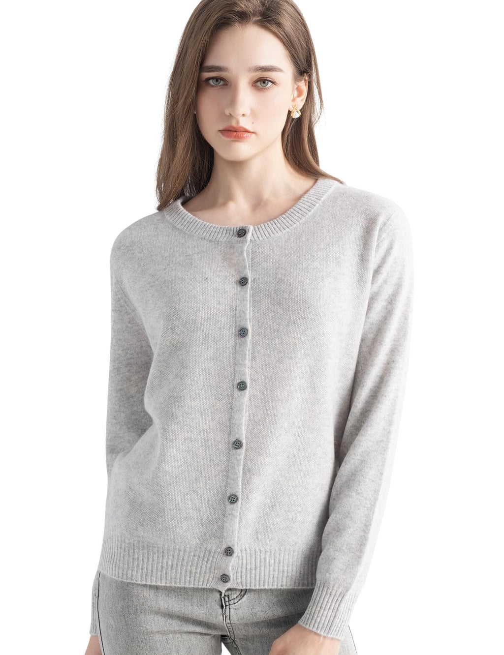 Chanyarn Women's 100% Pure Cashmere Cardigan Crew Neck Long Sleeve 2025 Fall Winter Warm Soft Knit Cardigan Sweater (Light Grey17056,M)