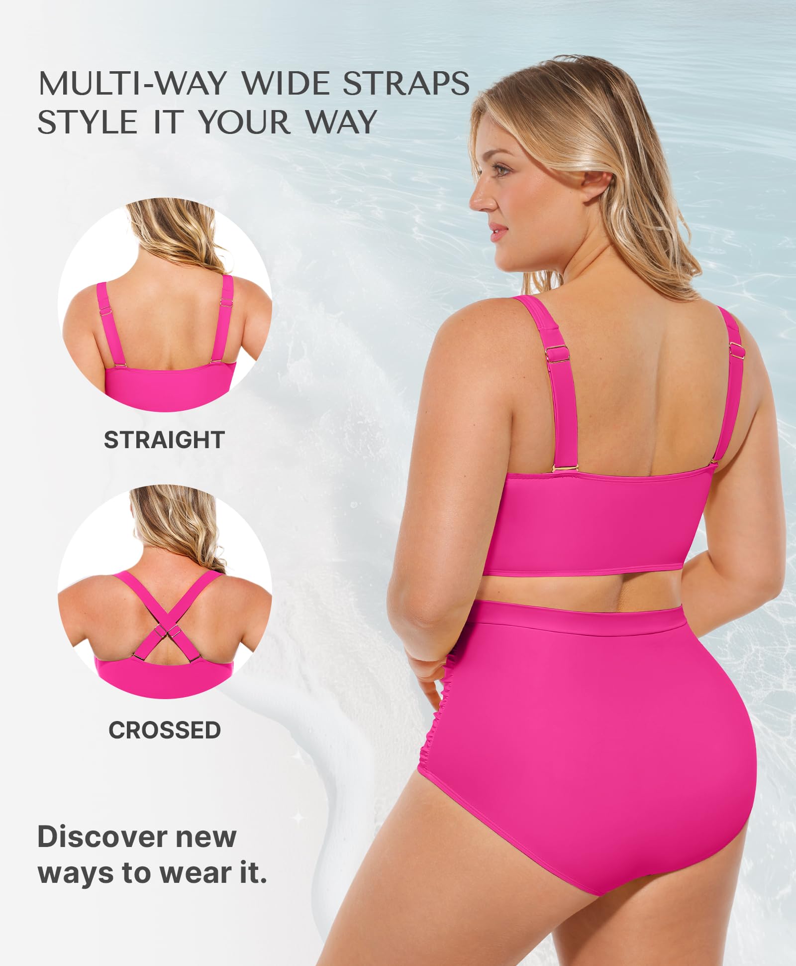 SHAPELLX Two Piece Swimsuits for Women Tummy Control Bikini High Waisted Bathing Suit V Neck Twist Front Swimwear (Pink, Medium)