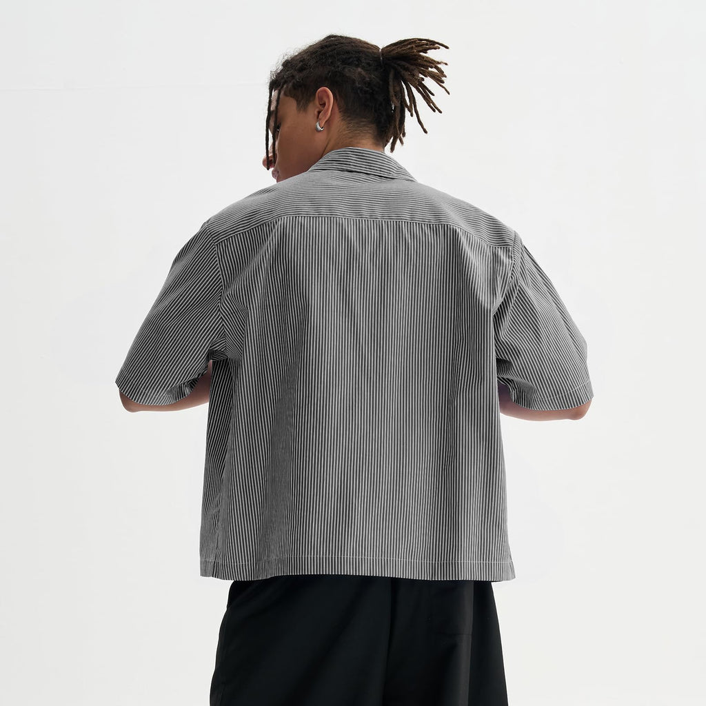 QJT Men's Striped Boxy Cropped Shirts Short Sleeve Button Down Tee Shirt Oversized Baggy Blue T Shirts For Men (US, Alpha, Large, Regular, Regular, Black)