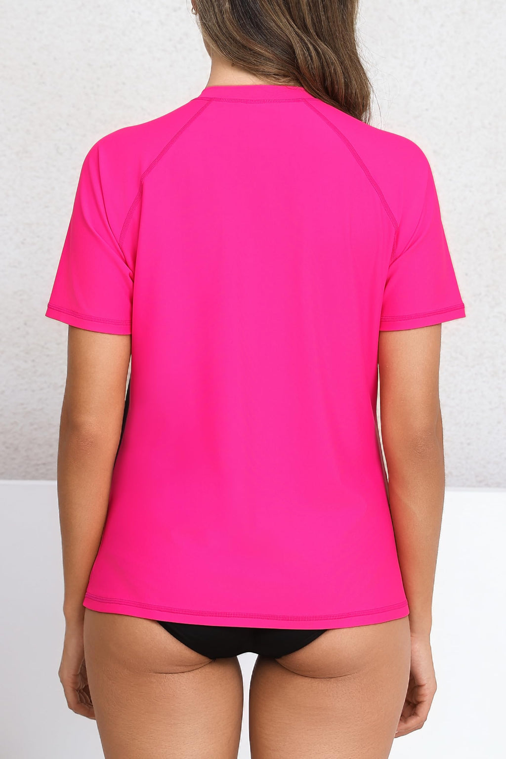 Halcurt Women's Half Zip Short Sleeve Rash Guard Top with Bra Side Pockets Swim Shirts UPF50+ Swimsuit Hot Pink Black S