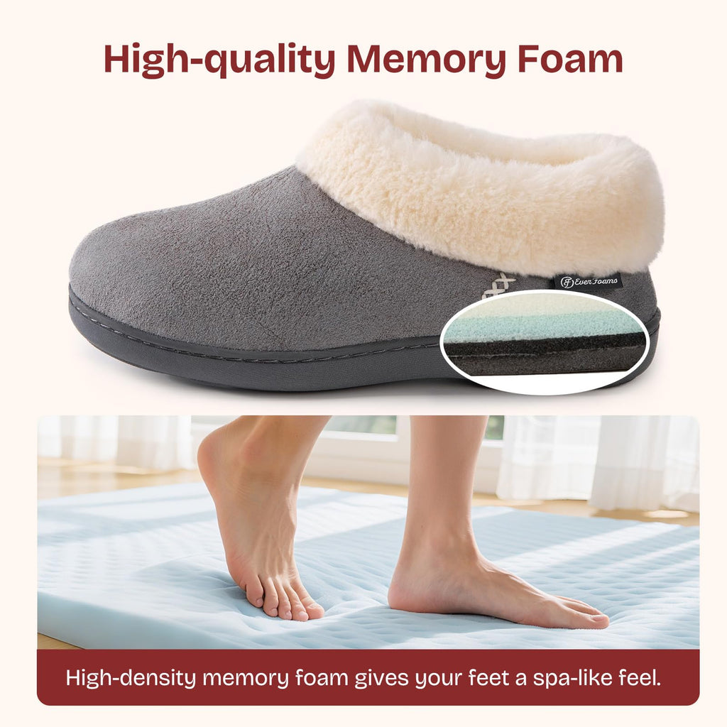 EverFoams Women's Microsuede Cozy Memory Foam Winter Slippers with Fuzzy Faux Fur Collar and Indoor Outdoor Rubber Sole (Gray, Size 9-10 M US)