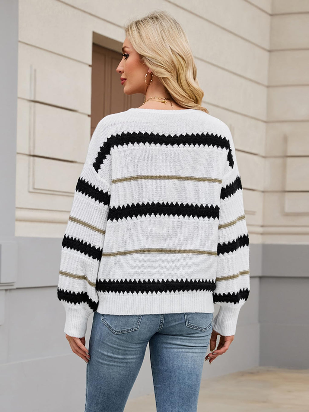 Libsorge Womens Oversized Cute Striped Sweater Fall Winter 2025 Dressy Casual Chunky Knit Crewneck Color Block Long Sleeve Pullover Tops White L