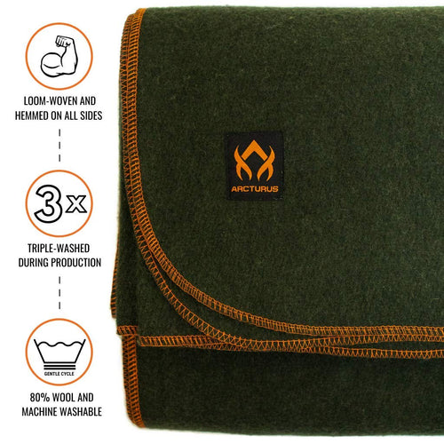Arcturus Military Wool Blanket - Warm, Thick, Washable - Great for Outdoors, Camping, Stadium Blanket, Picnics, Travel - Car & Bushcraft Survival Kits (Olive Green)