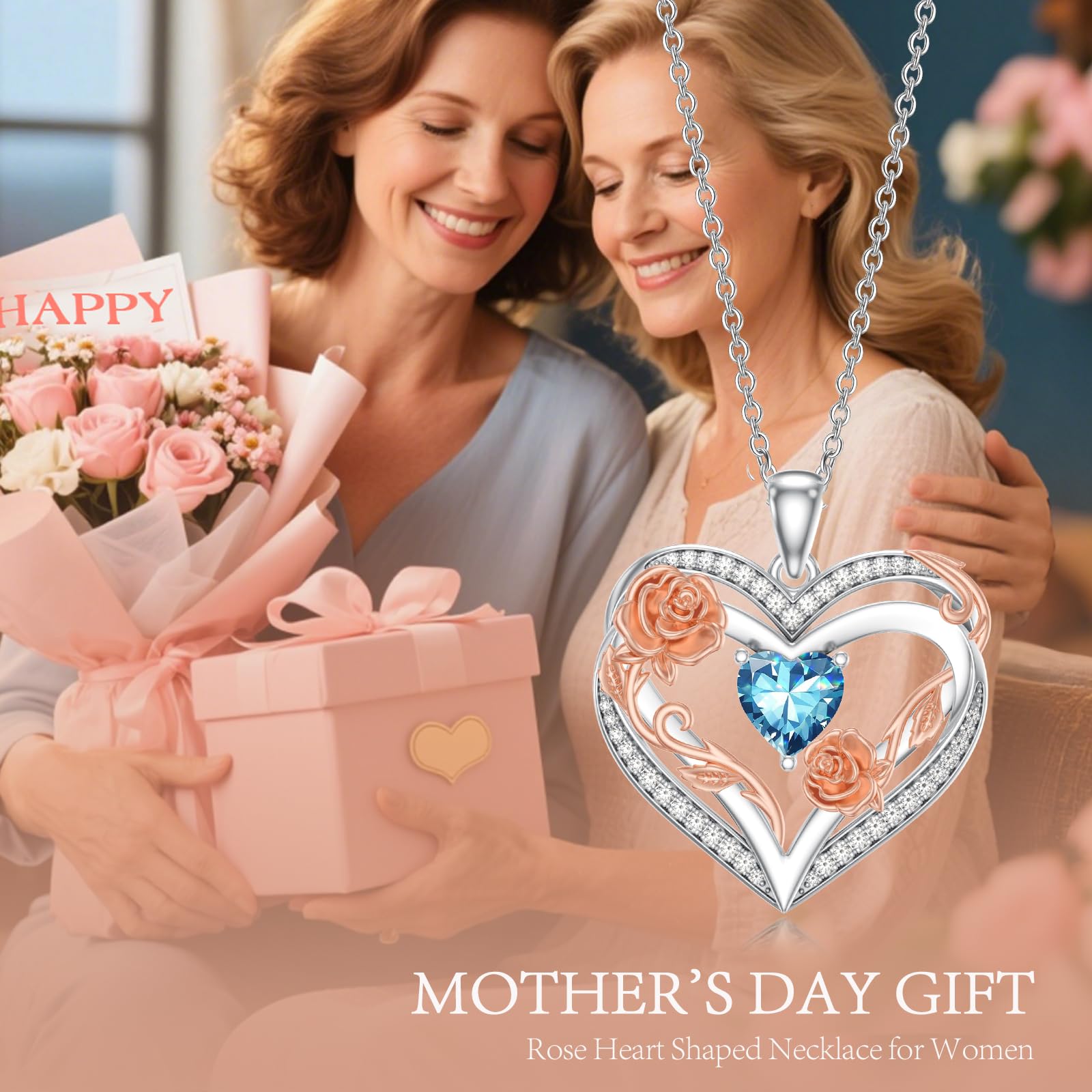 OKROKTOT Blue Topaz Necklace for Women Heart December Birthstone Pendant Rose Heart Jewelry Birthday Anniversary Christmas Mother's Day Jewelry Gift for Mom Wife Sister Daughter Girlfriend
