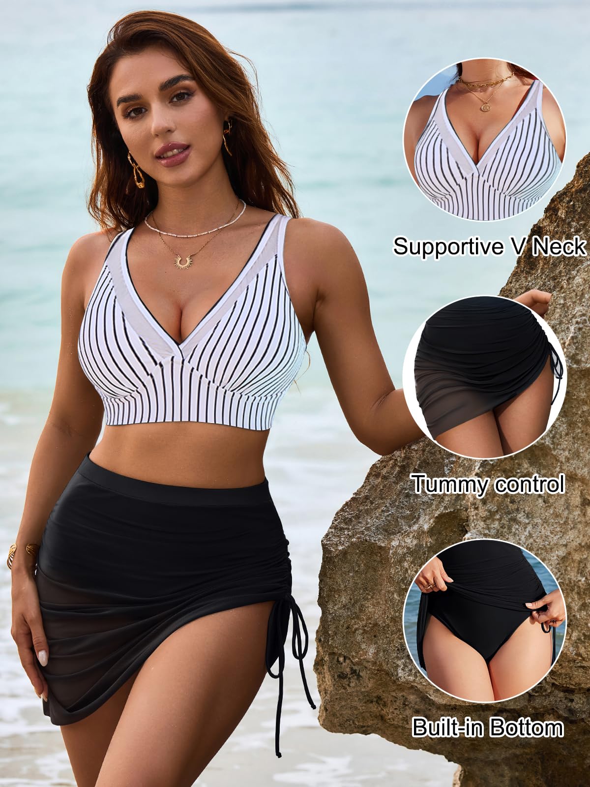 Blooming Jelly Womens Swim Dress Skirt High Waisted Bikini Sets Tummy Control Swimsuit Two Piece Bathing Suit (M, Black Stripes)