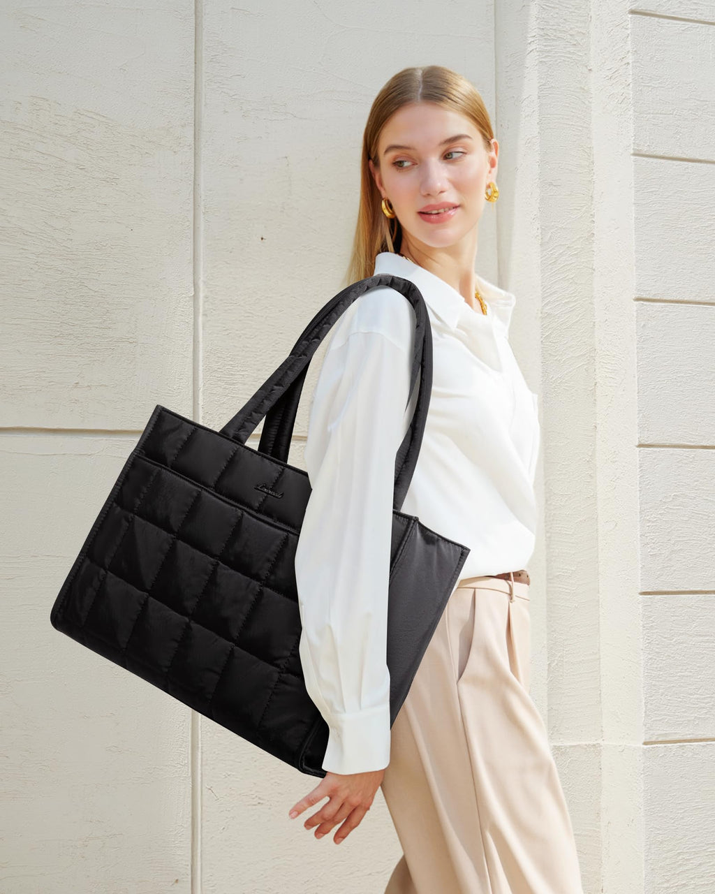 LOVEVOOK Tote Bag for Women, Puffer Work Handbag 15.6 Inch Laptop Purse for Nurse Teacher, Large Quilted Travel Tote Shoulder Bag with Zipper for College Office Clinical Gym, Black