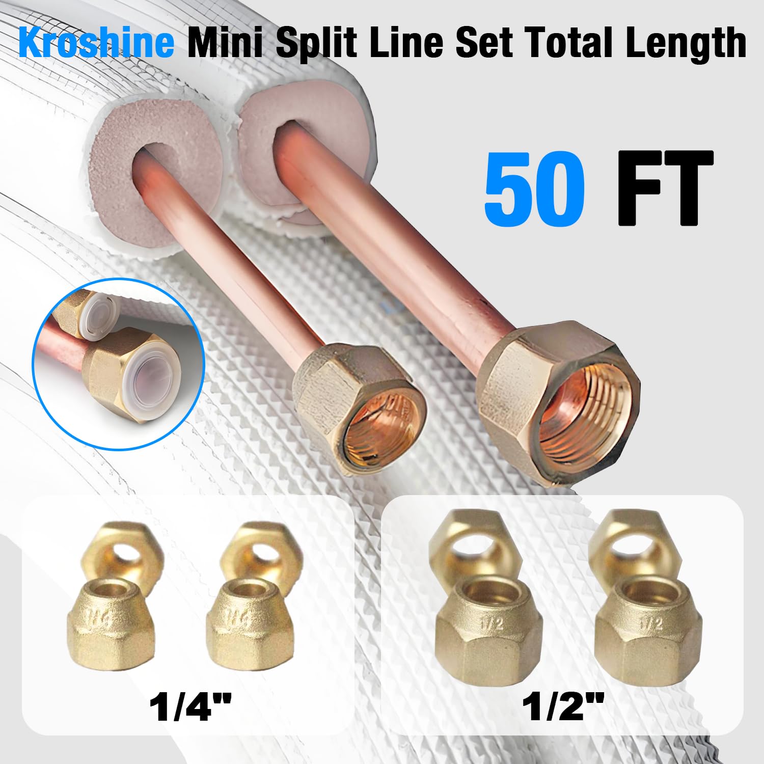 50 Ft Mini Split Line Set 1/4" & 1/2" OD Twin Copper Pipes 3/8 Thickened White PE Insulated Coil Copper Line with Flared Nuts for Mini Split Air Conditioner HVAC Refrigeration and Heating Pump System
