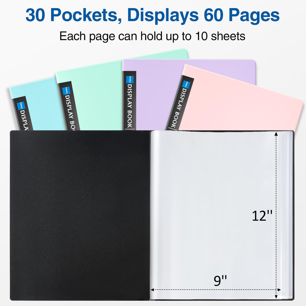 Sooez Binder with Plastic Sleeves 30-Pocket, Displays 60 Pages, 9x12 Presentation Folders with Clear Sheet Protectors, Art Portfolio with 30 Black Paper for Certificate & Office Project