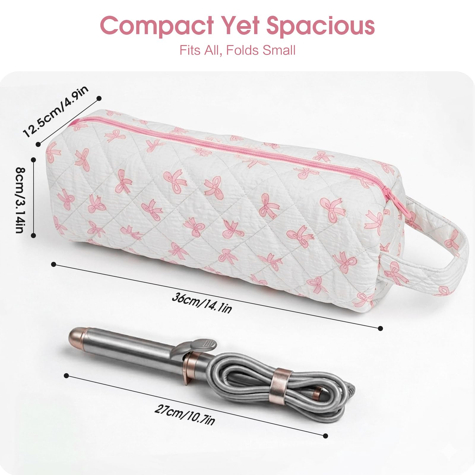 Canumer Hair Tools Organizer Bag with Bow Pattern for Curling Irons, Flat Irons, Hair Dryers and Styling Tools, Portable Pink Travel Case, Haircare Accessories Travel Essentials(14" x 3.1" x 4.9")