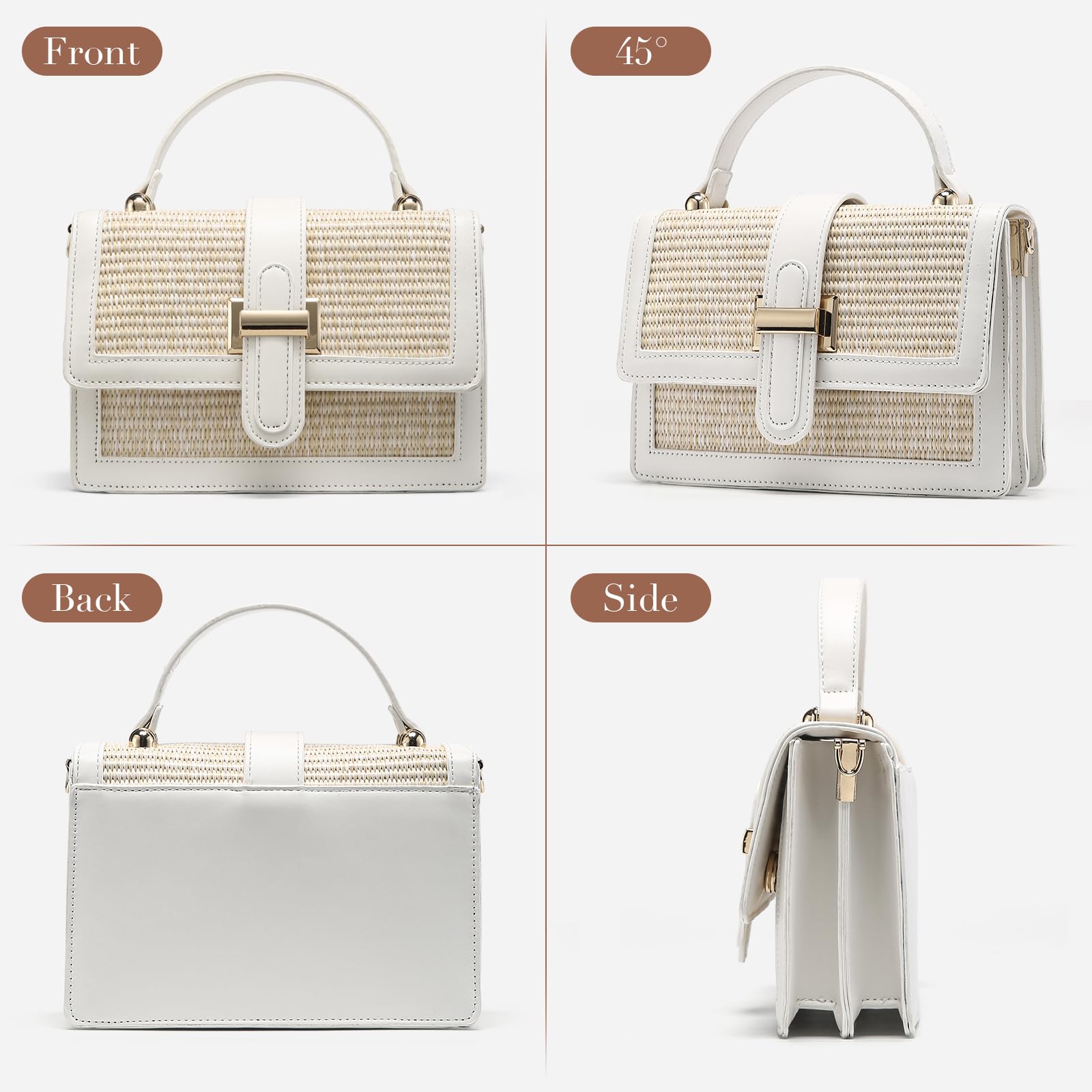 Straw Crossbody Bag for Women, Vegan Leather Patchwork Summer Purse with Top Handle, Small Woven Shoulder Handbag for Beach Vacation, Wedding, or Casual Daily Use