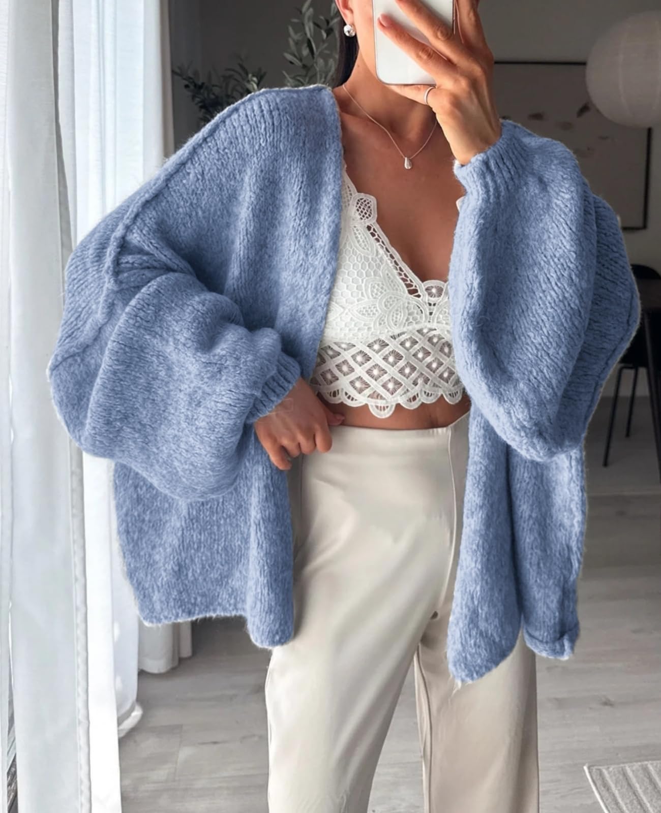 BKBEY Womens Oversized Cardigan Sweaters 2025 Fall Soft Puff Sleeve Cozy Open Front Chunky Sweater Blue