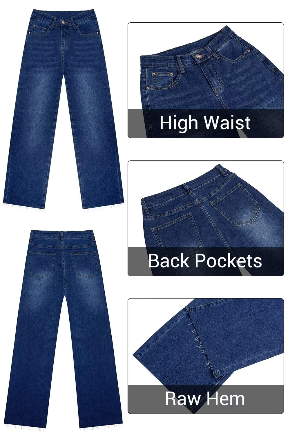 KDF Straight Leg Jeans for Women High Waisted Jeans Frayed Baggy Pants Raw Hem Loose Stretchy Cropped Wide Leg Jeans Dark Blue Size 2