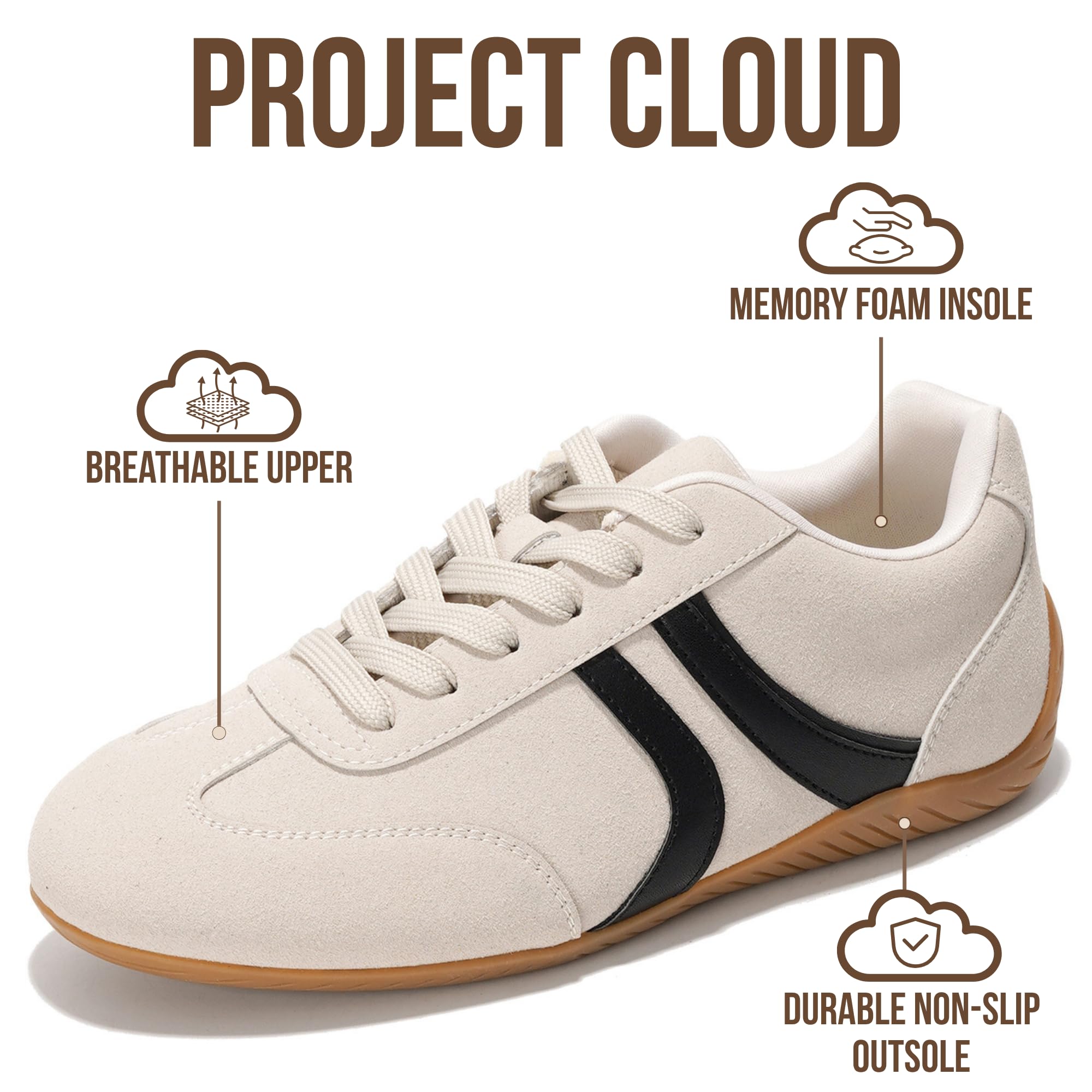 Project Cloud Barefoot Shoes Women – Memory Foam Lace-Up Womens Sneakers – Lightweight & Non Slip Womens Shoes Casual – All-Day Women's Fashion Sneakers for 2026 (Goal, Whit, 7) White