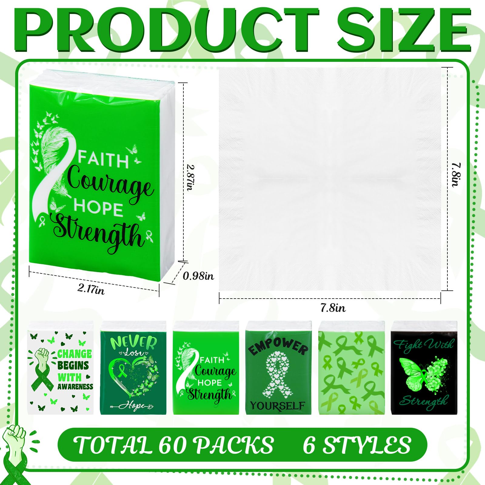 Honoson 60 Pack Mental Health Awareness Tissues Bulk Green Ribbon Mental Health Awareness Month Gifts Favor Travel Pocket Tissue for Charity Event Supplies Volunteer Activities