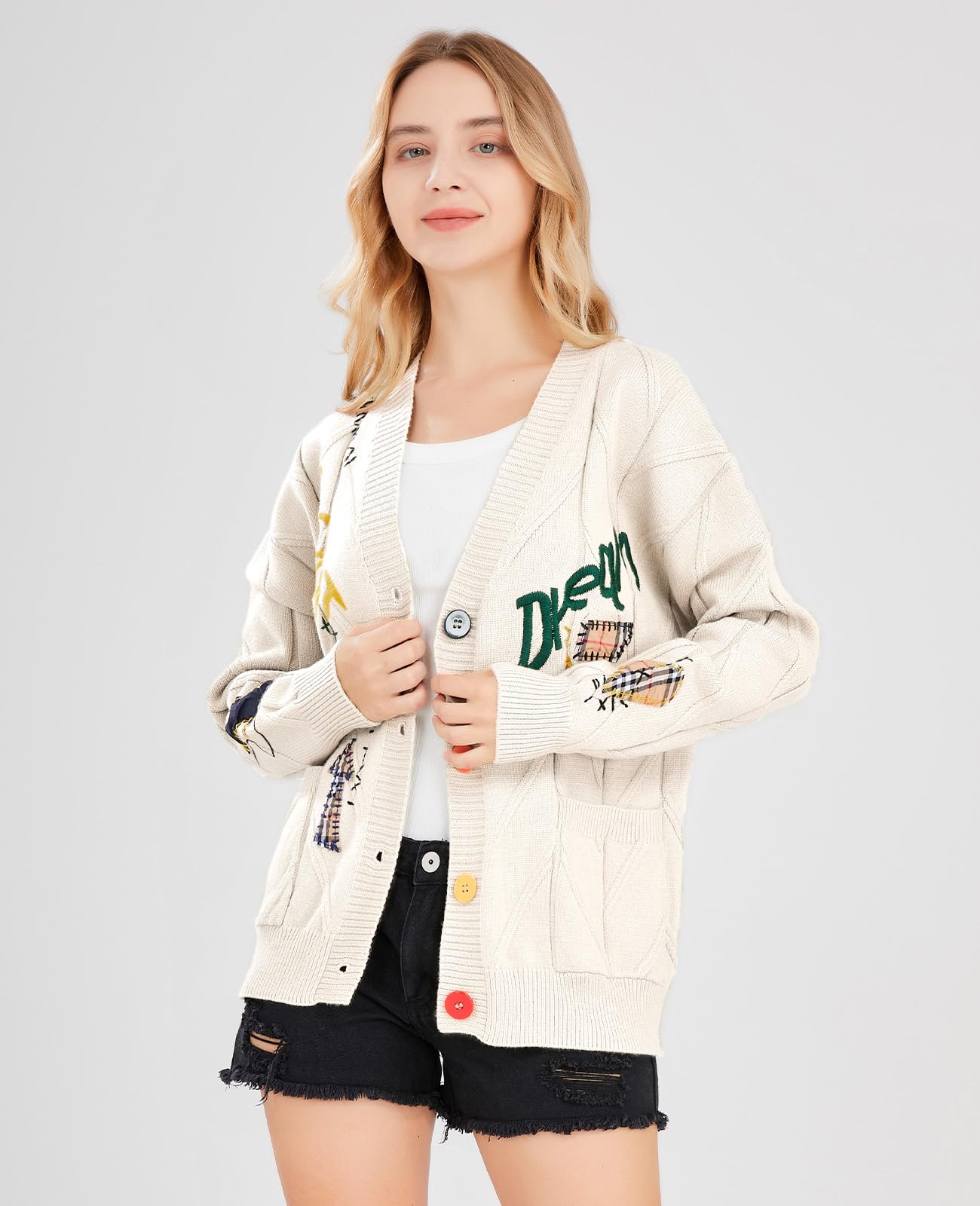 Women's Cable Knit Long Sleeve Open Front Cardigan Sheep V-Neck Button Down Embroidery Wool Blend Sweater Coat Outwear (L,Beige)