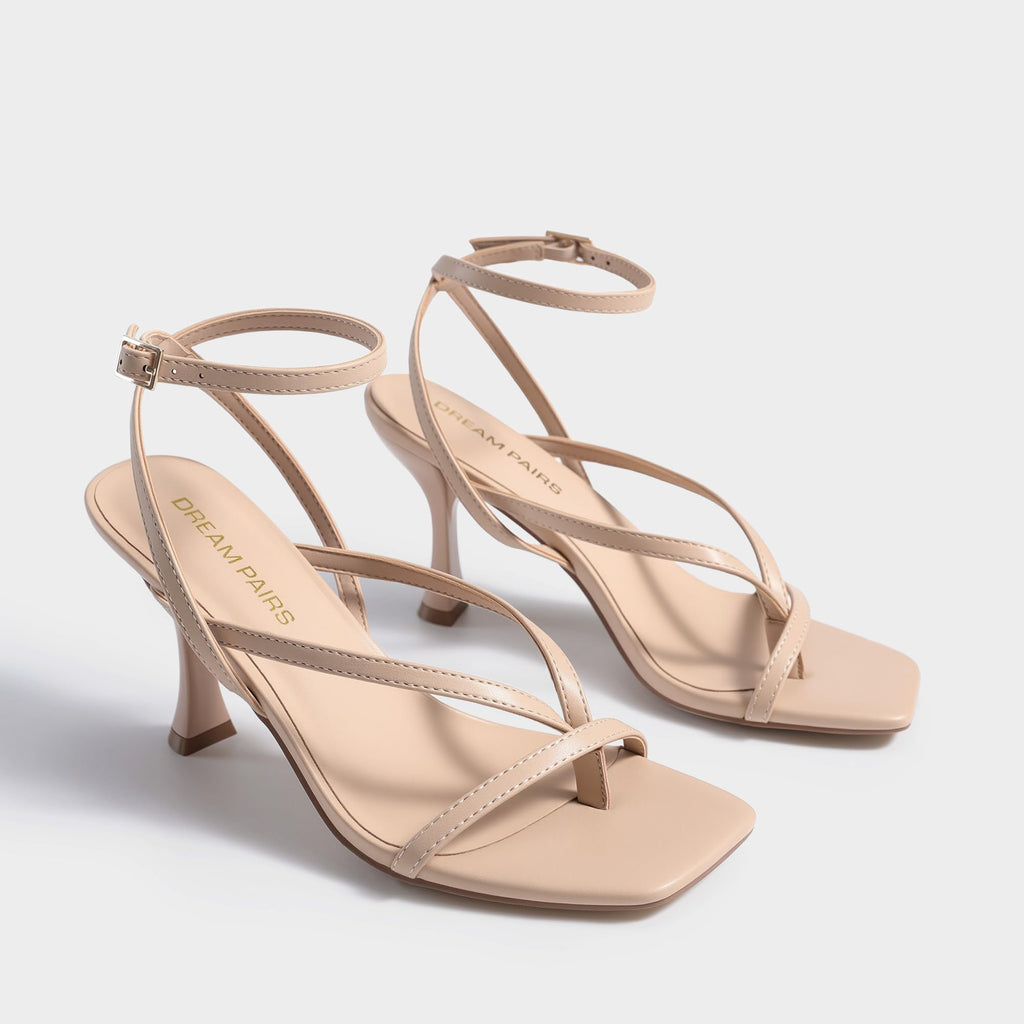 DREAM PAIRS Women's Square Heels Strappy Toe Thong Ankle Strap Sandals Shoes,Size 6,Nude,DWUMHS2560