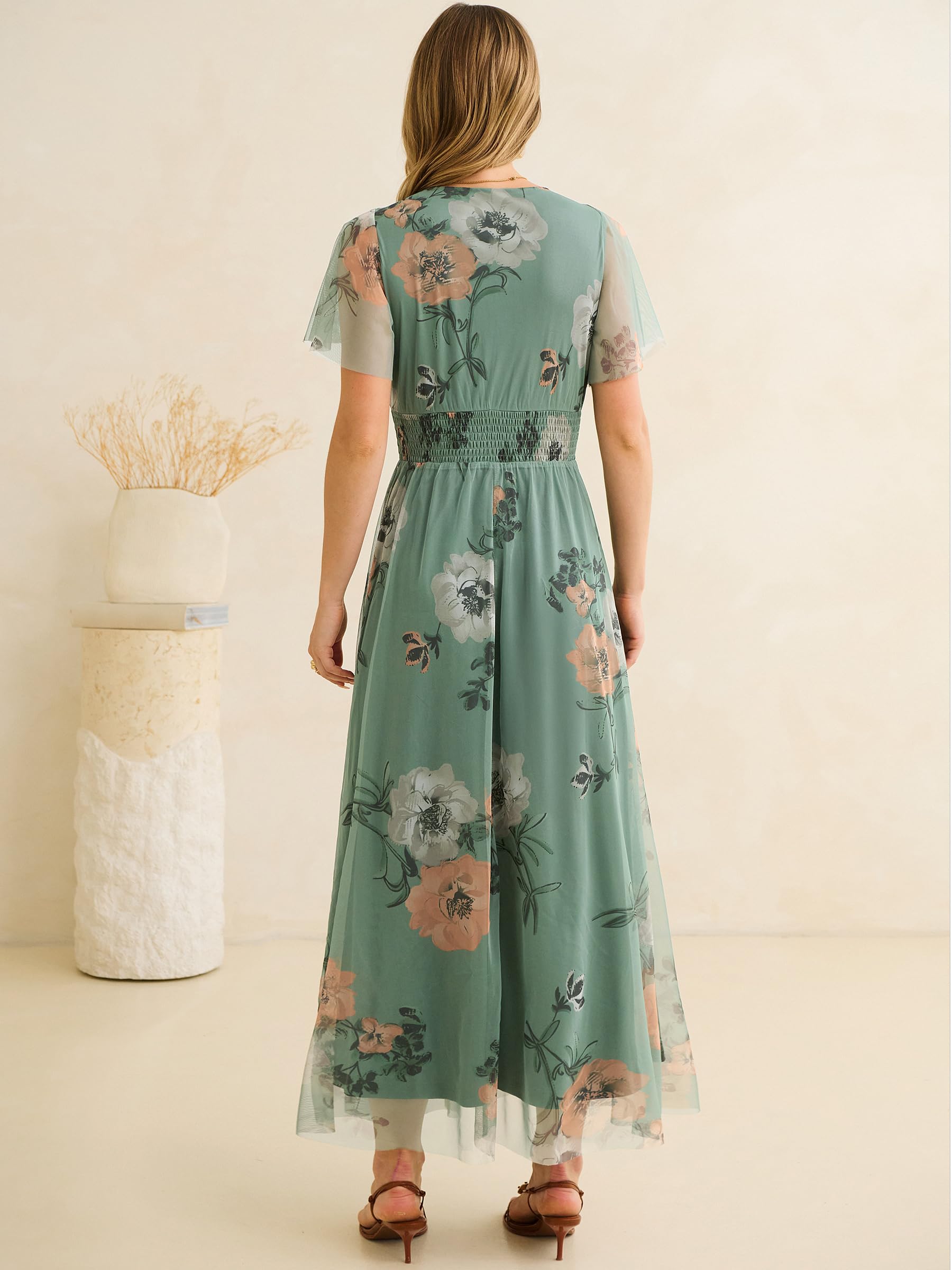 ANRABESS Women Summer Floral Maxi Dress Short Sleeve Boho Flowy Tulle Beach Vacation Wedding Guest 2026 Party Long Dresses Dusty Olive Floral Medium