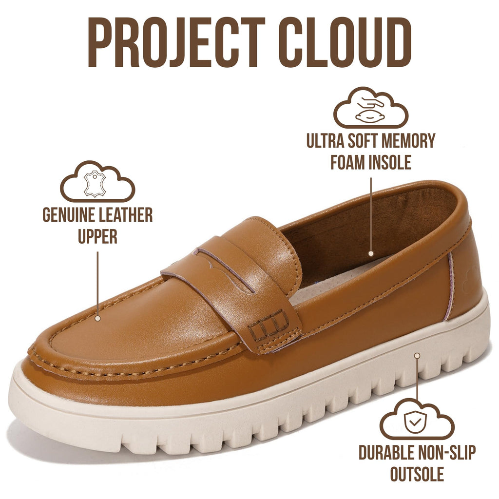 Project Cloud 100% Genuine Leather Loafers for Women – Memory Foam Insoles Slip On Shoes for Women – Lightweight Womens Shoes – Non Slip Womens Loafers (Filide1,COGNACT,7.5)
