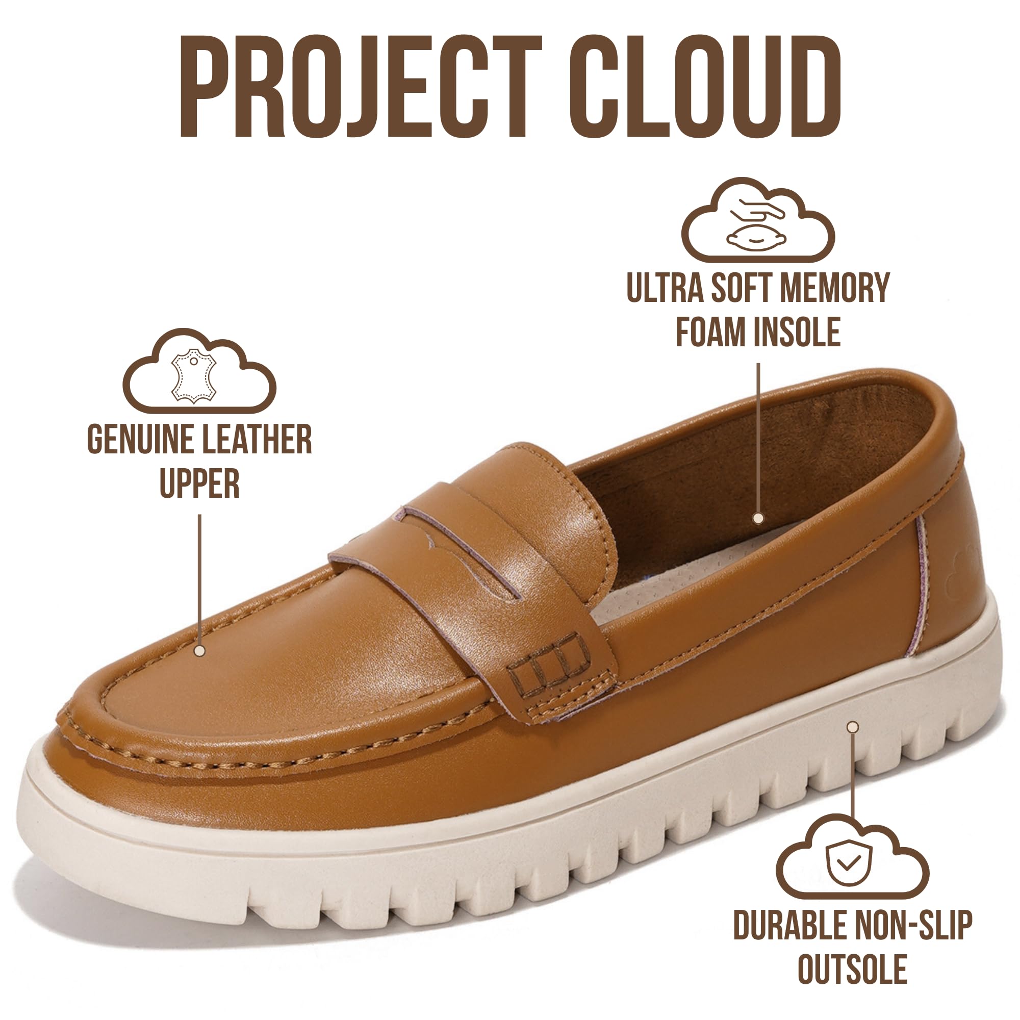 Project Cloud 100% Genuine Leather Loafers for Women – Memory Foam Insoles Slip On Shoes for Women – Lightweight Womens Shoes – Non Slip Womens Loafers (Filide1,COGNACT,7.5)
